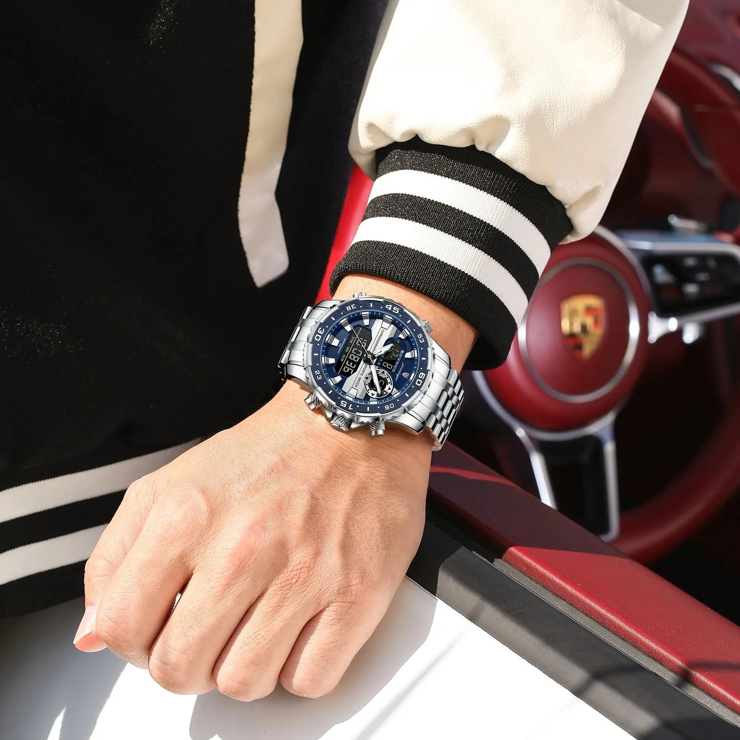 Square Chronograph Watch – Large Numberless Dial with Hidden Clasp Bracelet