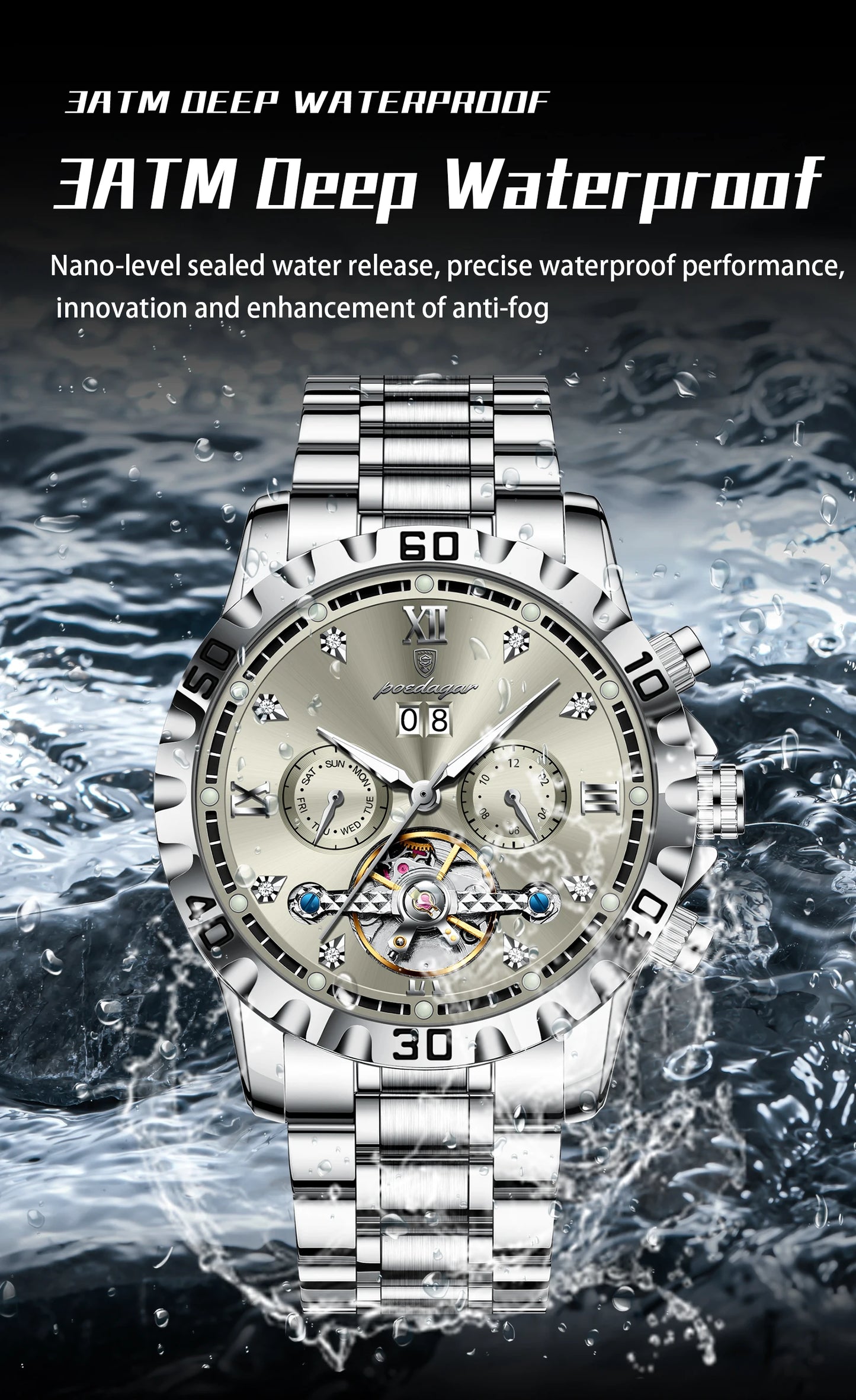 Automatic Tourbillon Style Watch – Sapphire Crystal with Week Display & Hidden Clasp