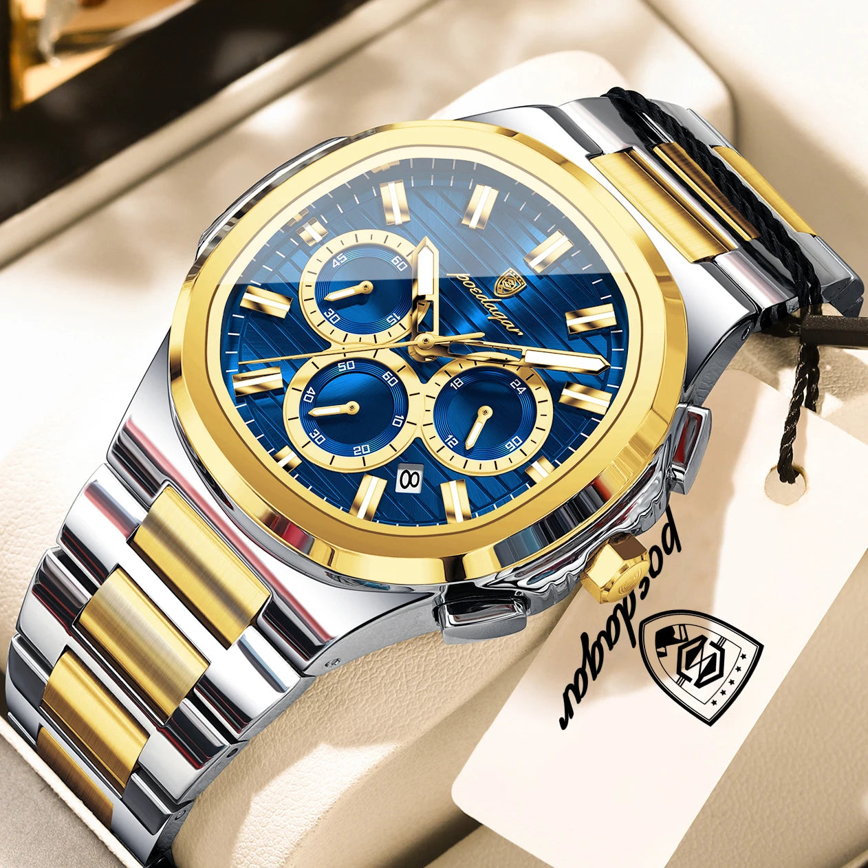 Square Chronograph Watch – Large Numberless Dial with Hidden Clasp Bracelet