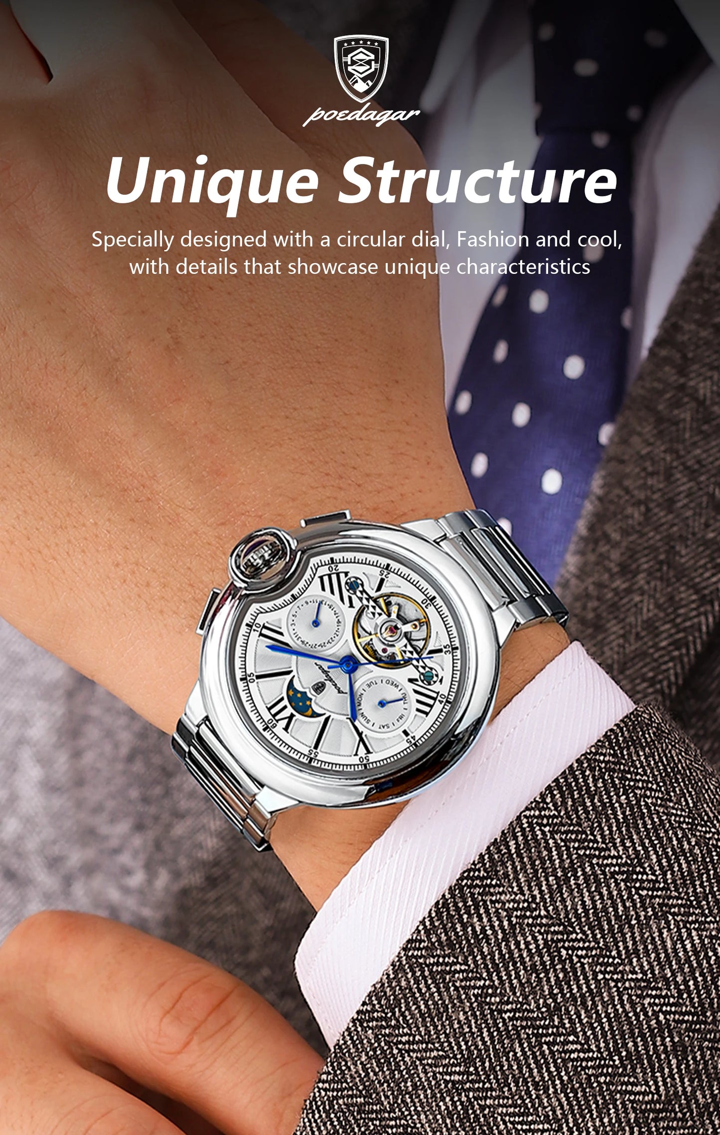 Automatic Skeleton Watch – Tourbillon Style with Moon Phase & Full Calendar
