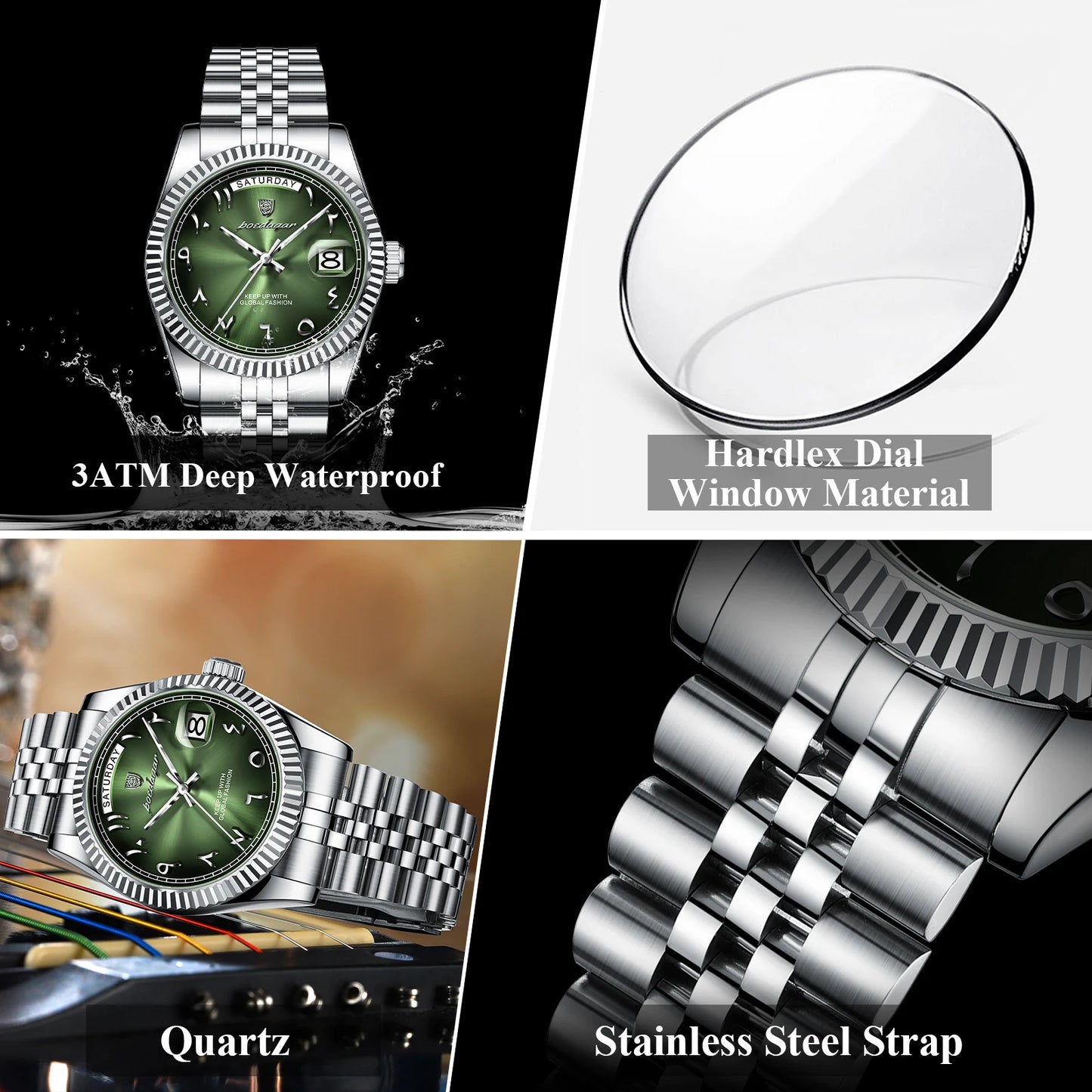 Full Calendar Slim Watch – Date & Week Display with Hidden Clasp Bracelet