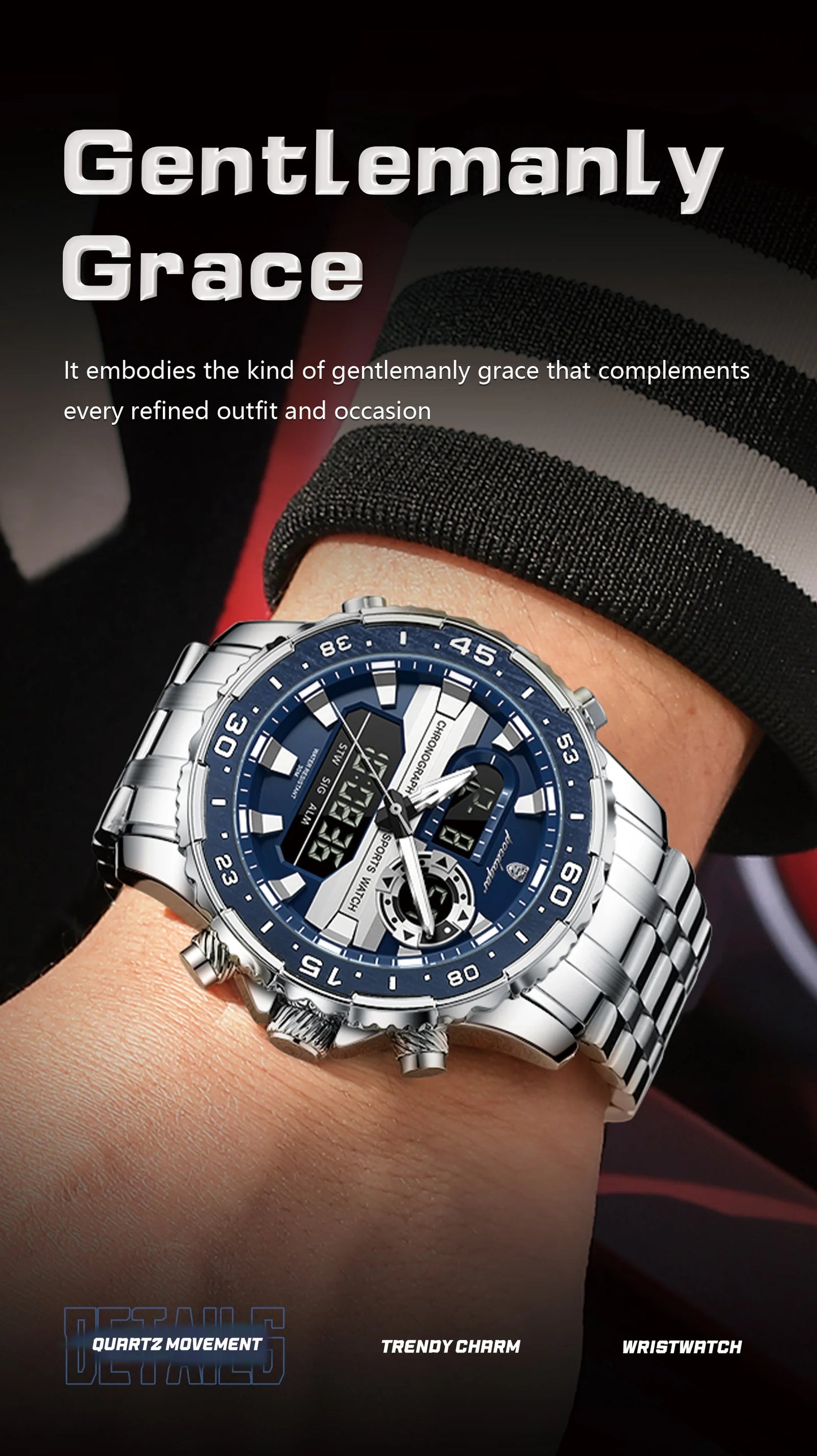 Square Chronograph Watch – Large Numberless Dial with Hidden Clasp Bracelet