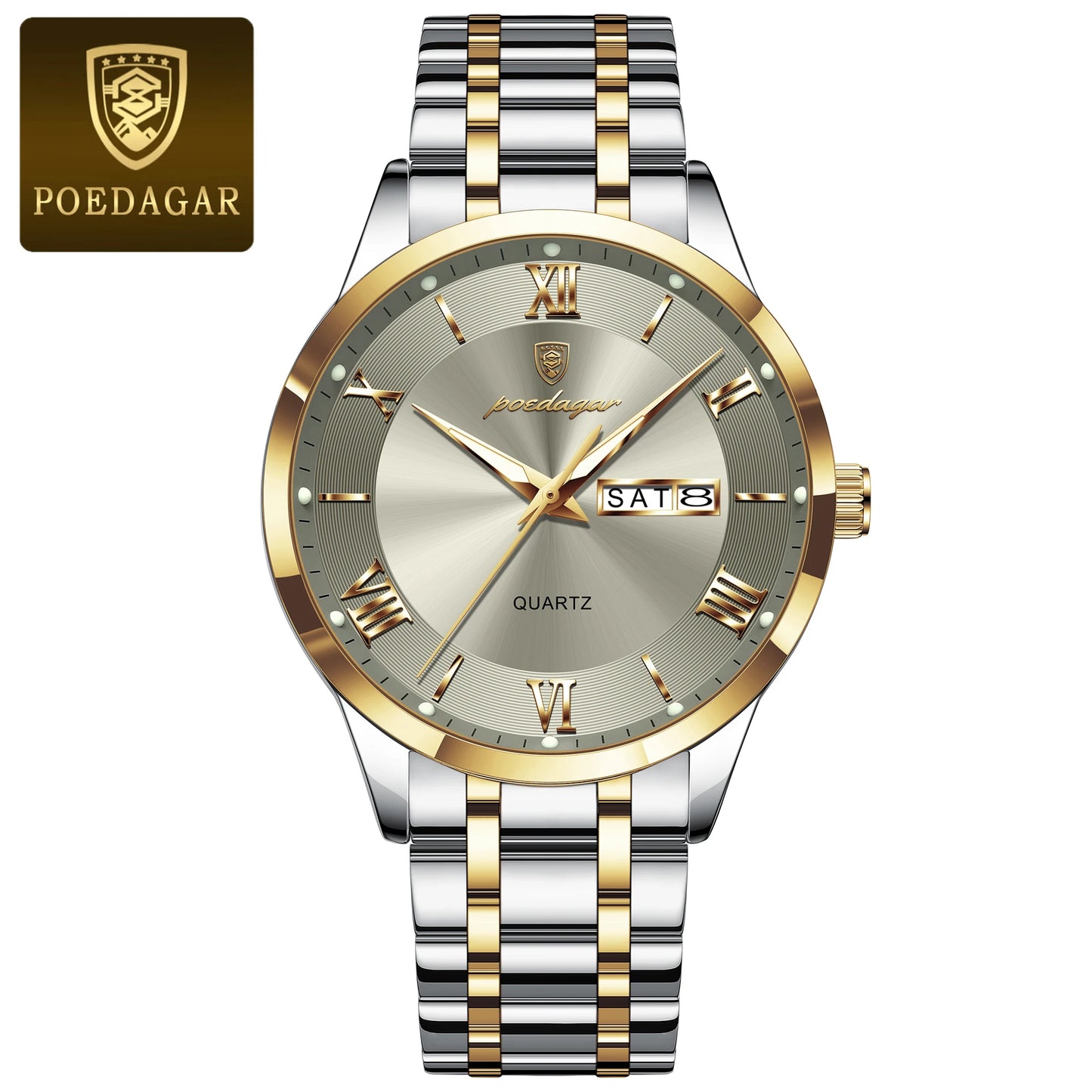 Roman Numeral Full Calendar Watch – Luminous Dial with Date, Week & Hidden Clasp