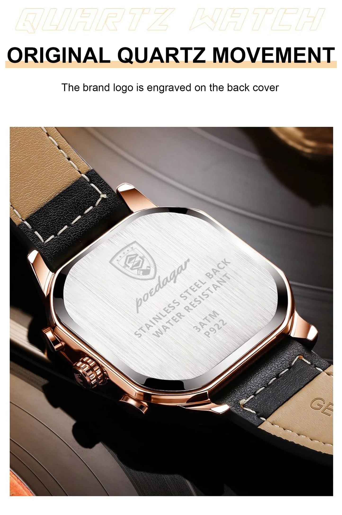 Square Chronograph Watch – Full Calendar with Leather Strap & Luminous Dial