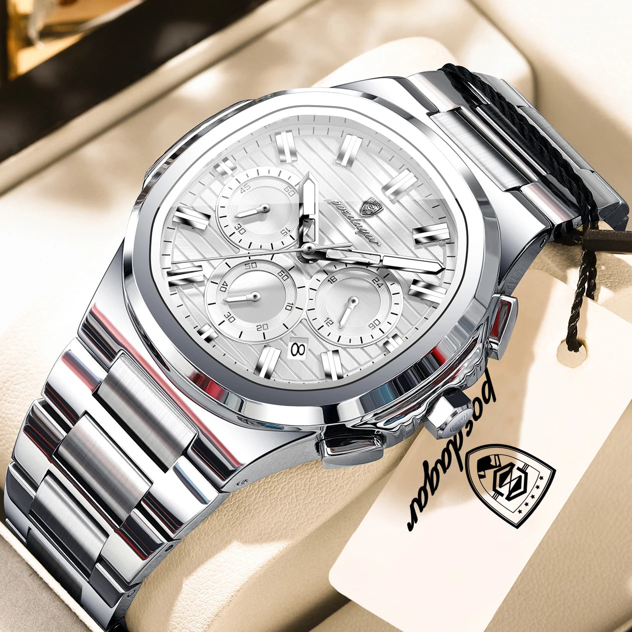 Square Chronograph Watch – Large Numberless Dial with Hidden Clasp Bracelet