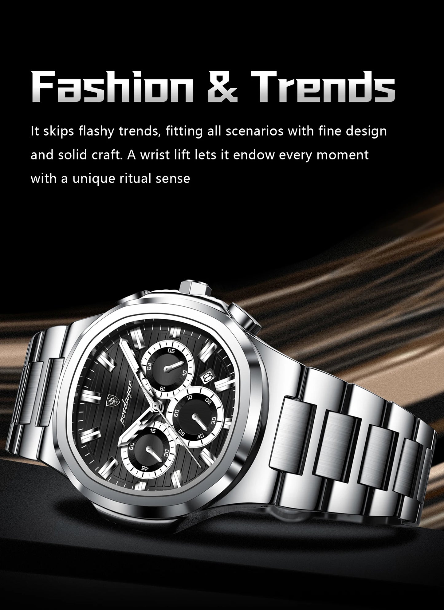 Square Chronograph Watch – Large Numberless Dial with Hidden Clasp Bracelet