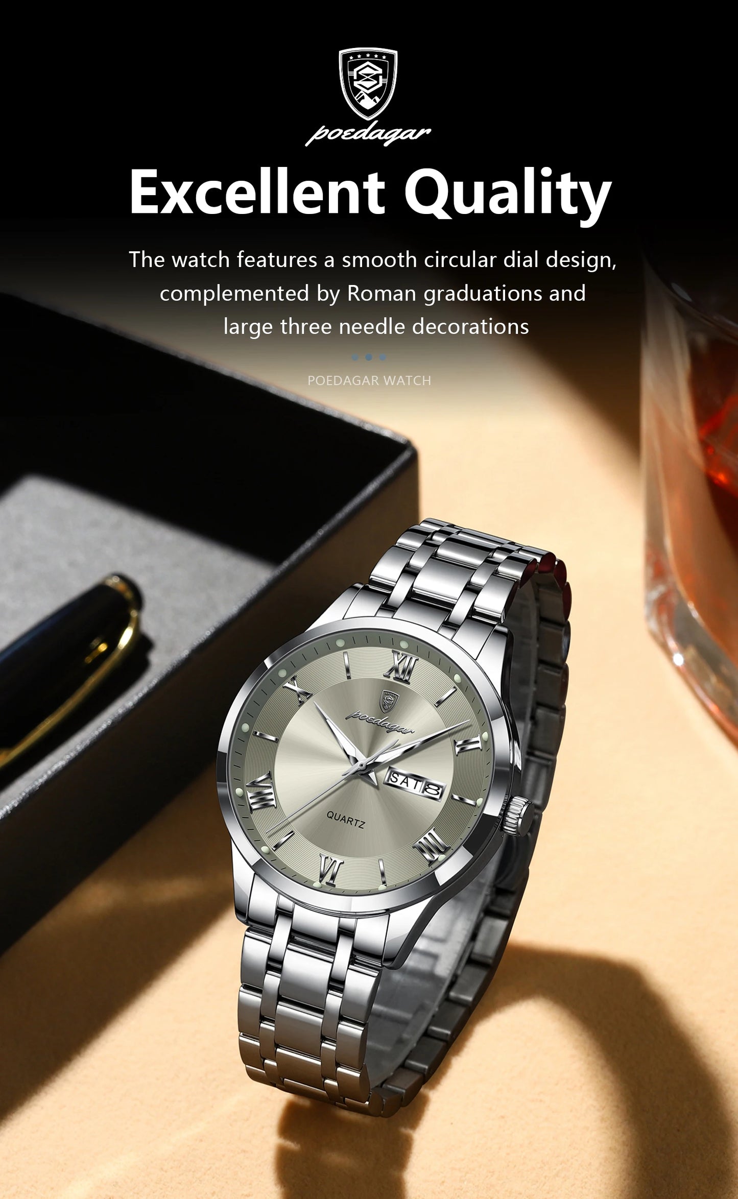 Roman Numeral Full Calendar Watch – Luminous Dial with Hidden Clasp Bracelet
