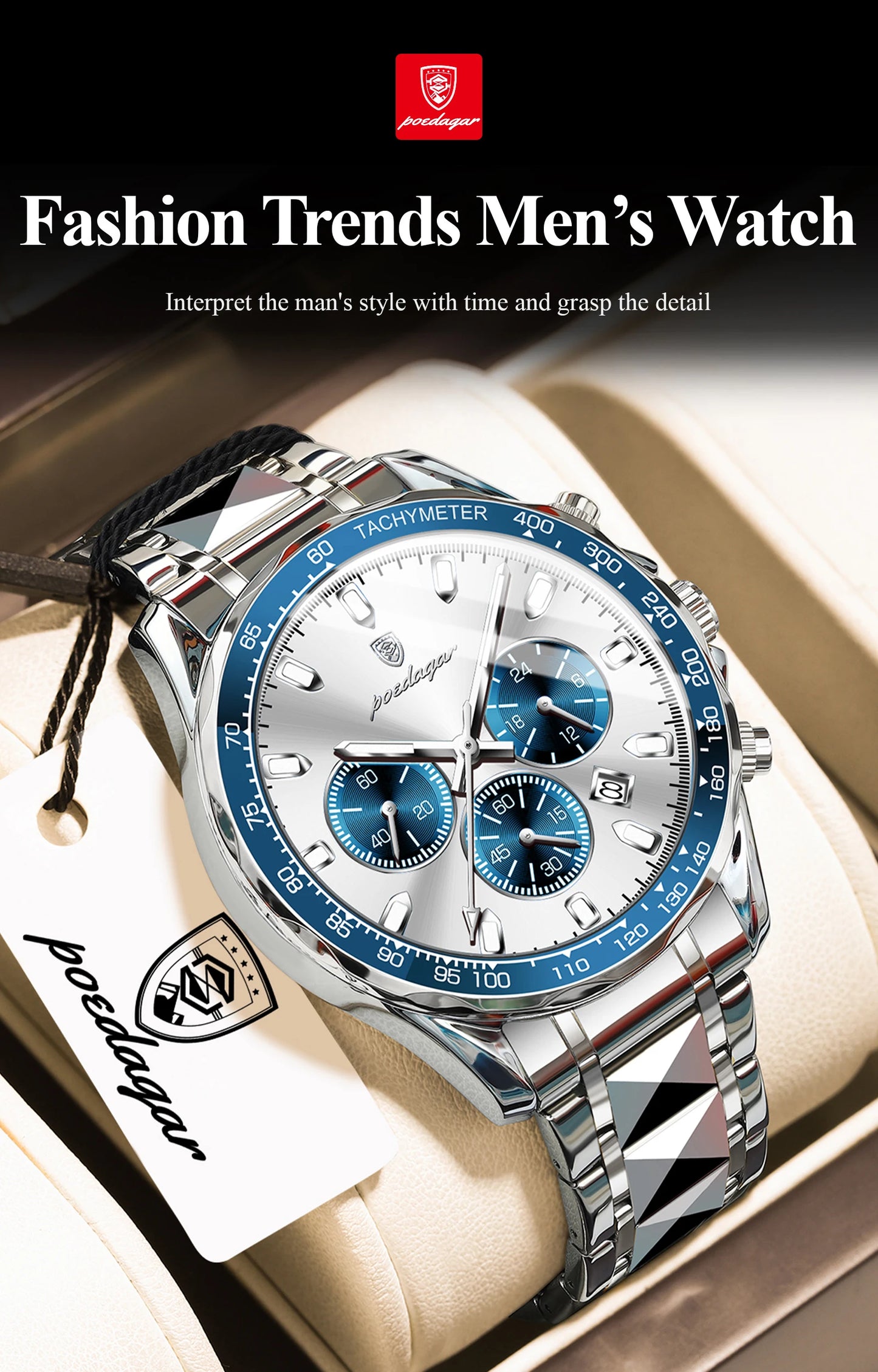 Chronograph Business Watch – Luminous Numberless Dial with Hidden Clasp Bracelet
