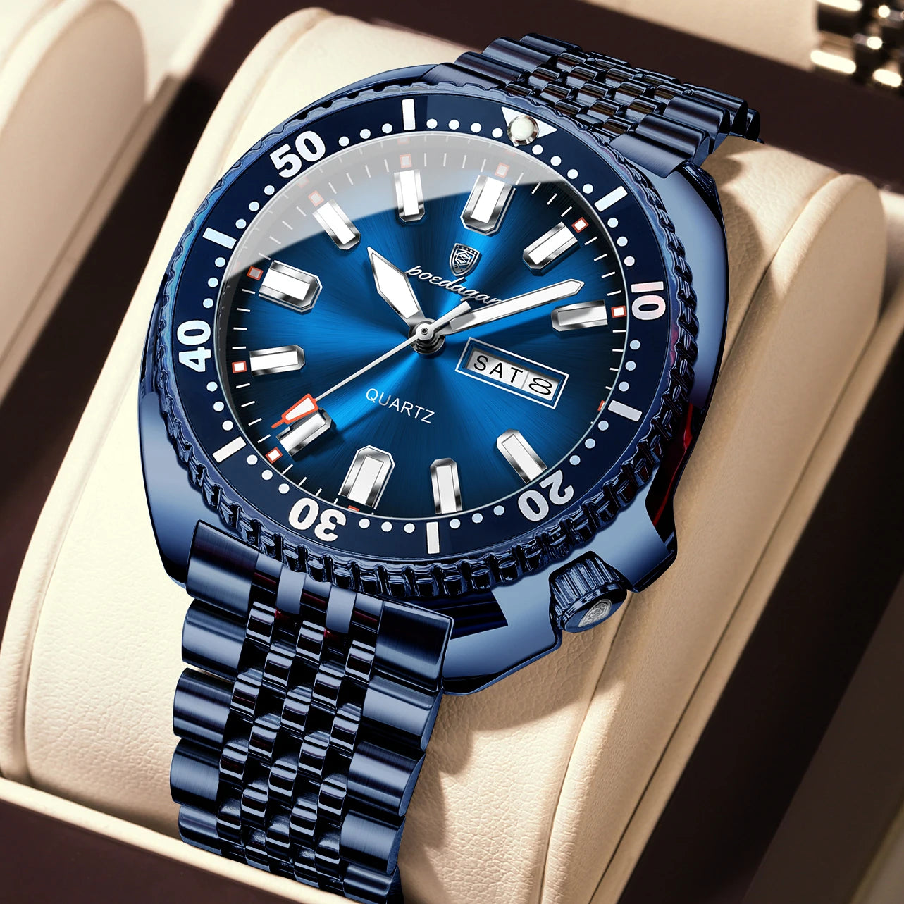 Large Full Calendar Watch – Luminous Numberless Dial with Hidden Clasp Bracelet