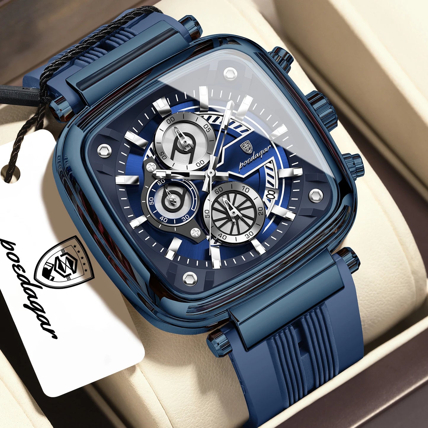 Square Chronograph Sport Watch – Luminous Dial with Silicone Strap & Date