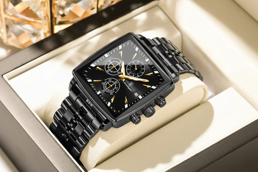 Square Chronograph Watch – Luminous Numberless Dial with Hidden Clasp Bracelet