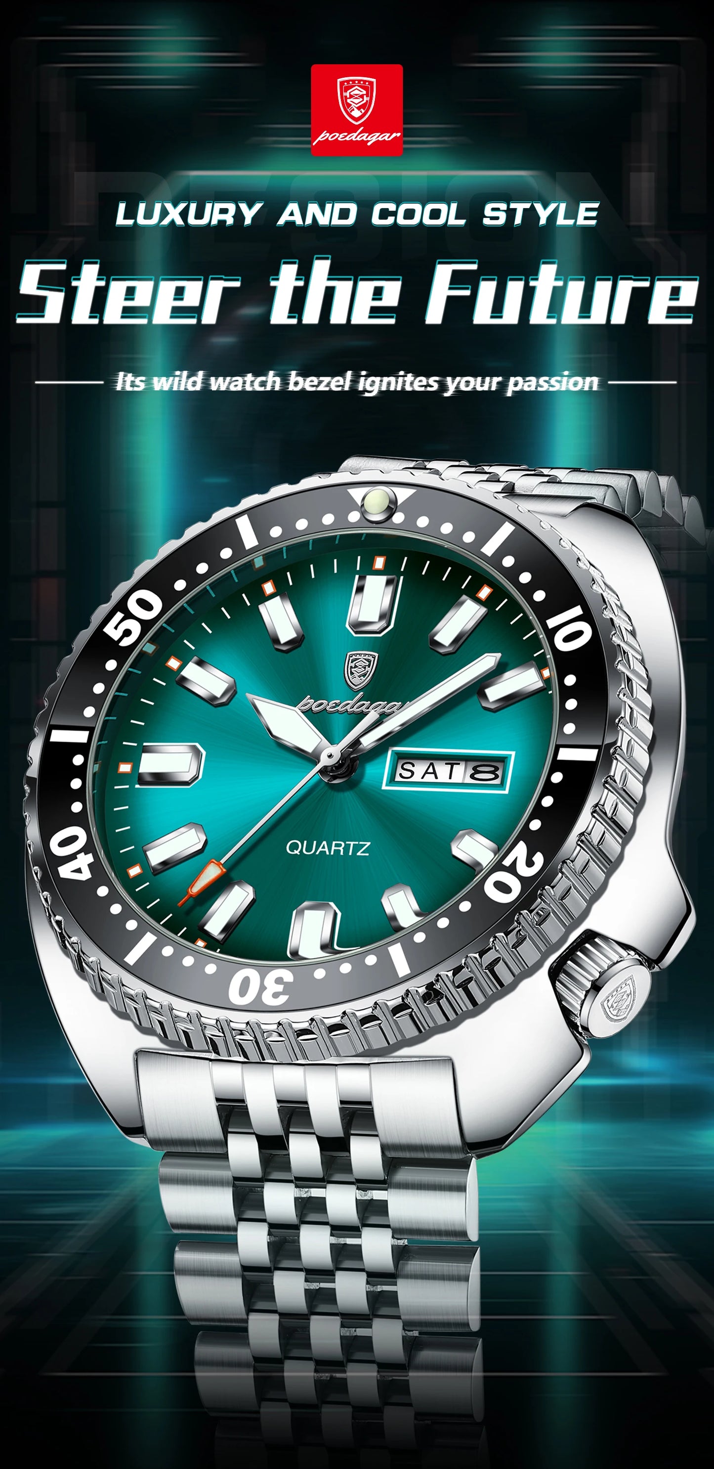 Large Full Calendar Watch – Luminous Dial with Hidden Clasp Bracelet