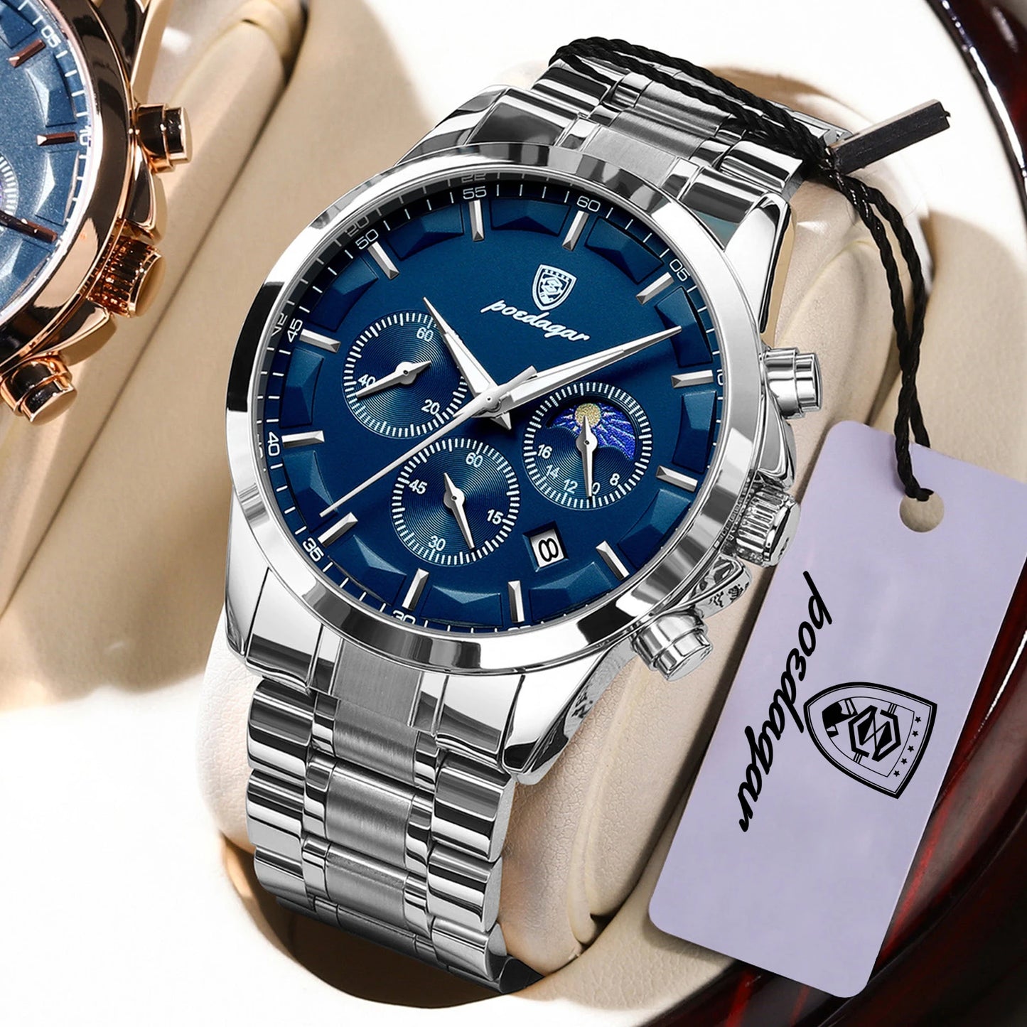 Chronograph Date Watch – Luminous Numberless Dial with Bracelet Clasp
