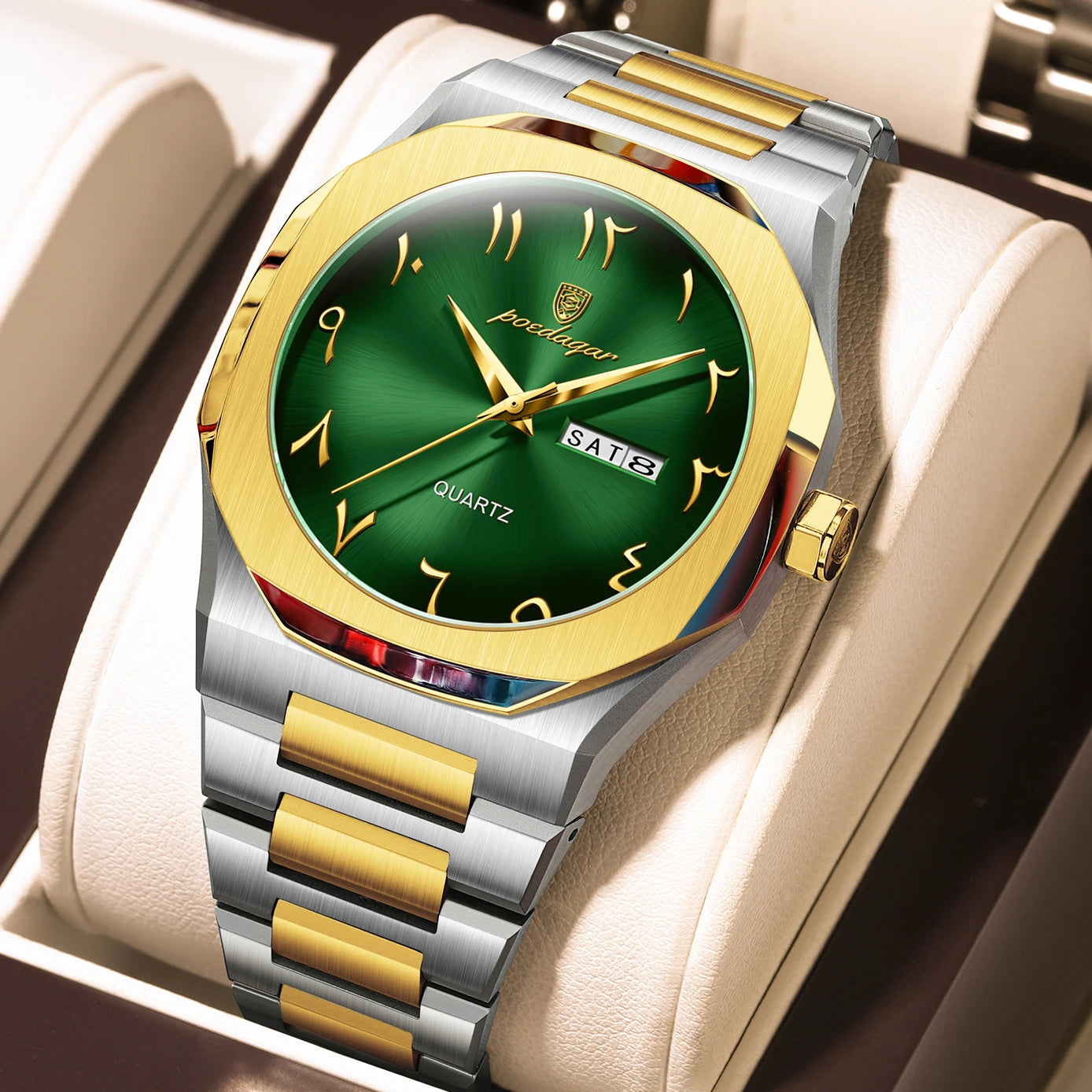 Irregular Shape Stainless Steel Watch – Full Calendar with Date & Week Display