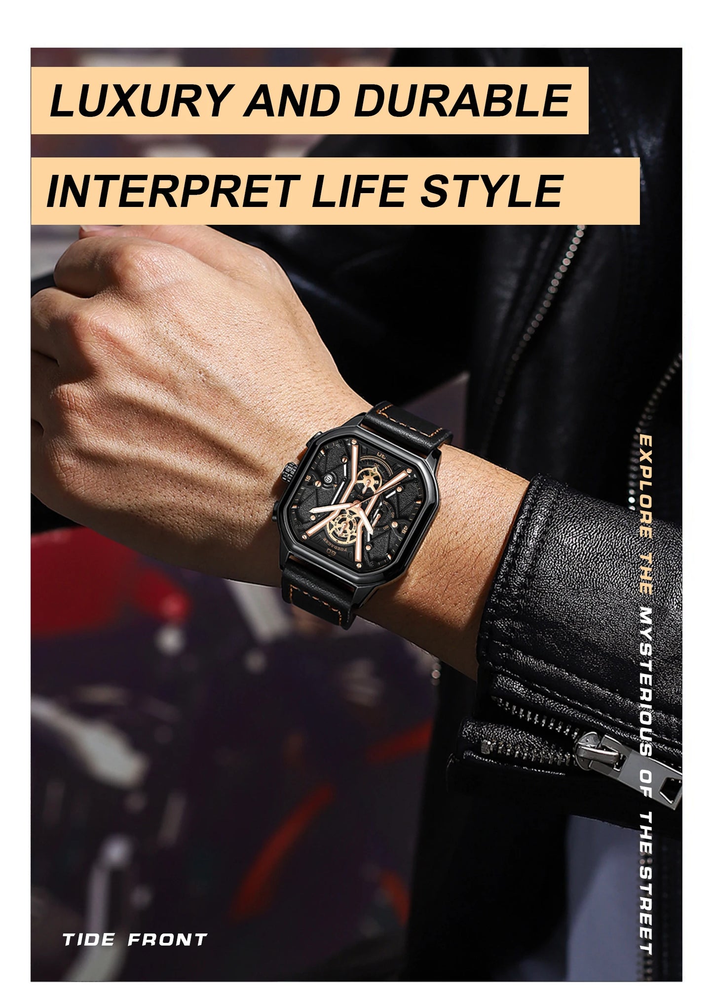 Square Chronograph Watch – Full Calendar with Leather Strap & Luminous Dial