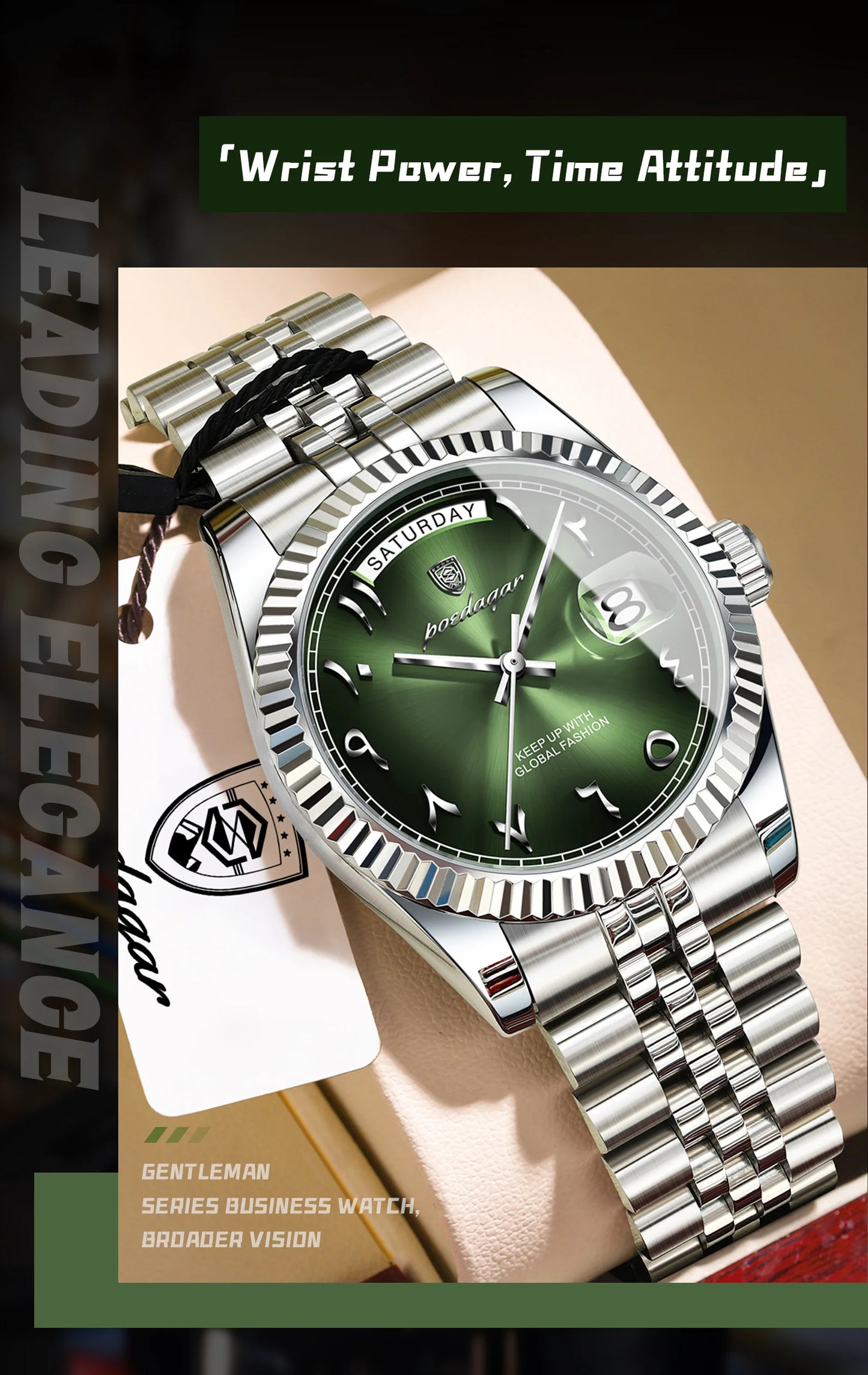Full Calendar Slim Watch – Date & Week Display with Hidden Clasp Bracelet