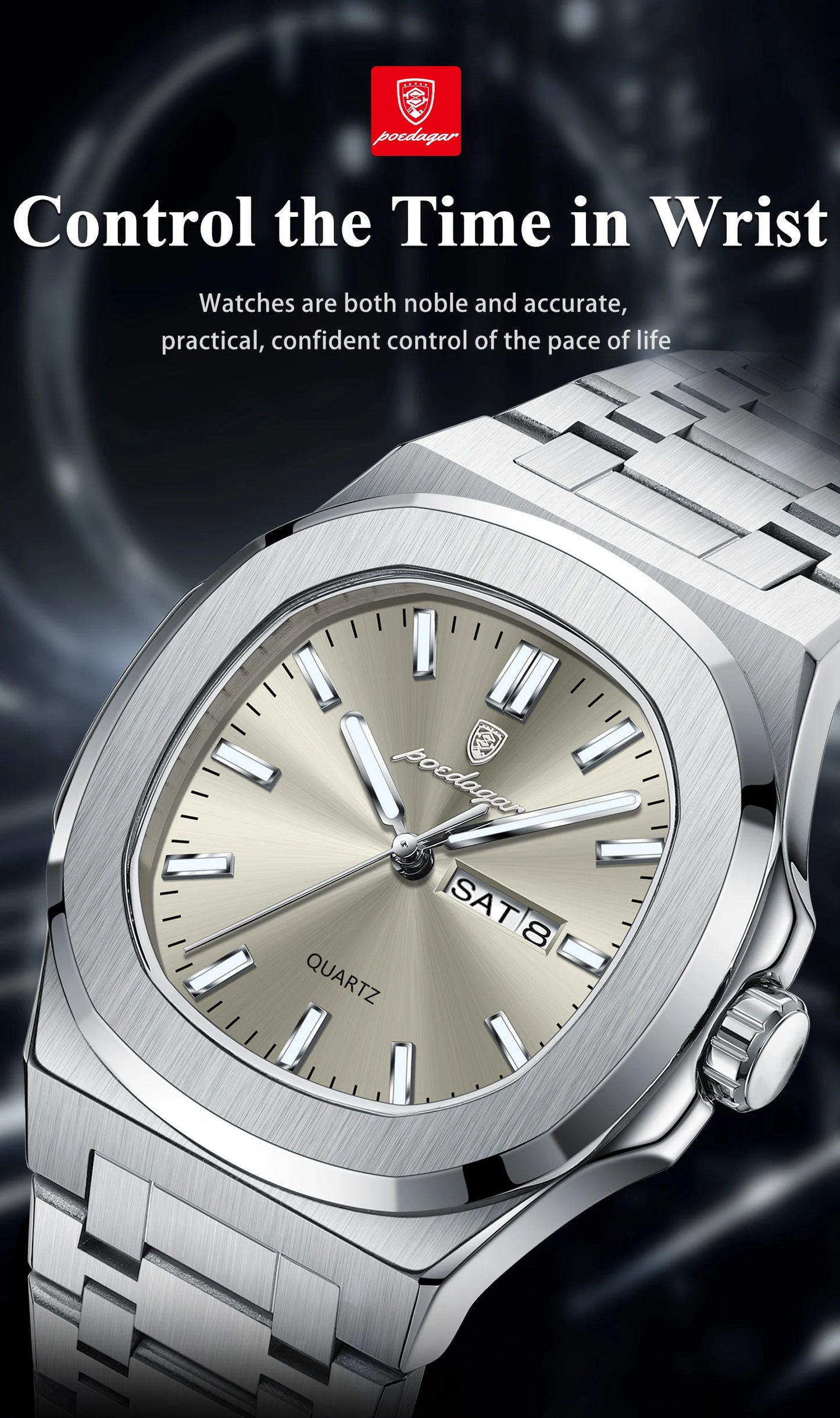 Square Full Calendar Watch – Date & Week Display with Hidden Clasp Bracelet
