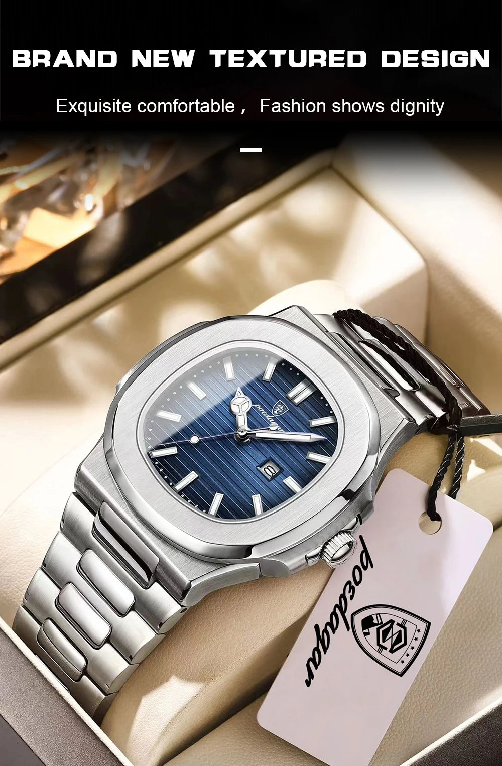 Square Stainless Steel Gift Set – Date Display with Luminous Dial & Hidden Clasp
