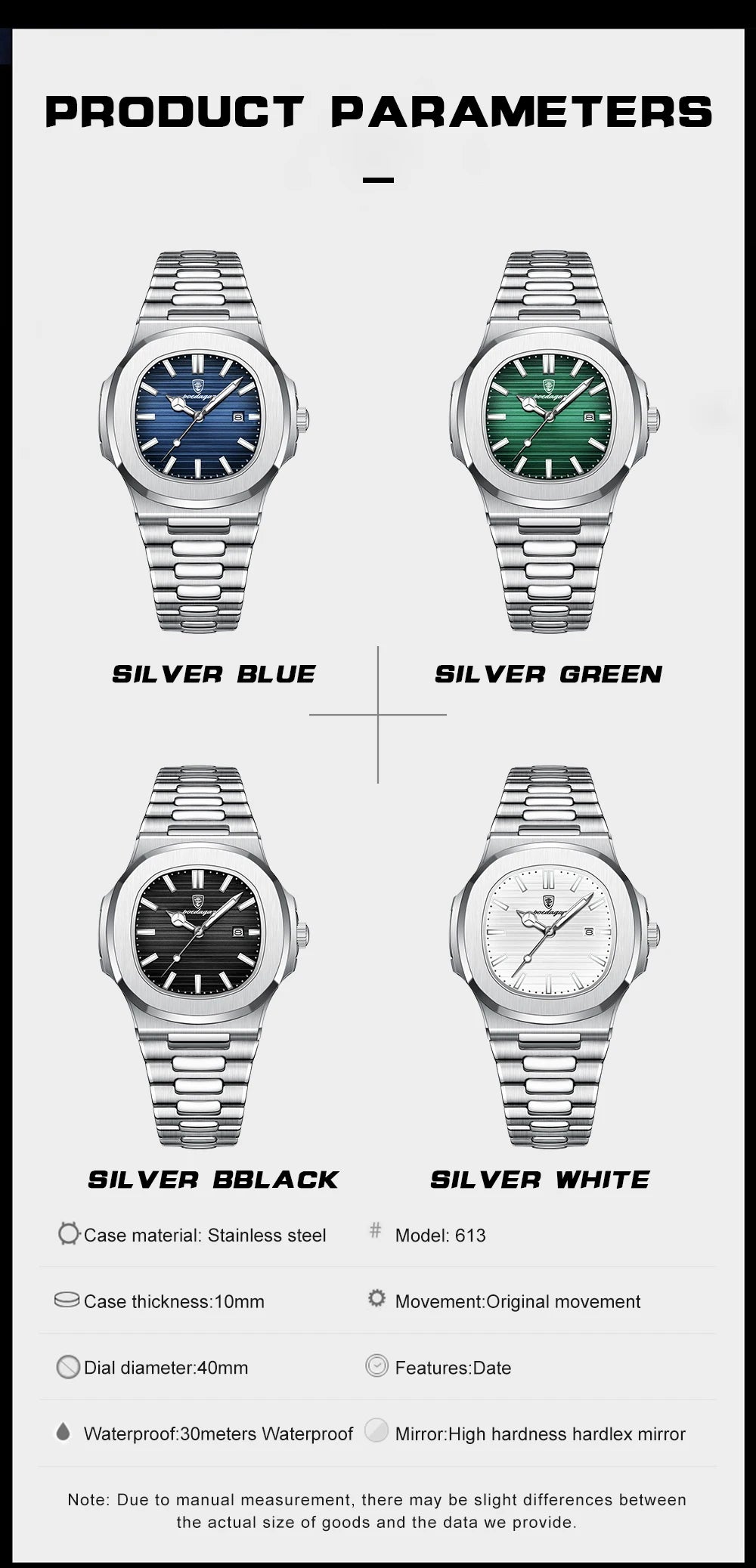 Square Stainless Steel Gift Set – Date Display with Luminous Dial & Hidden Clasp