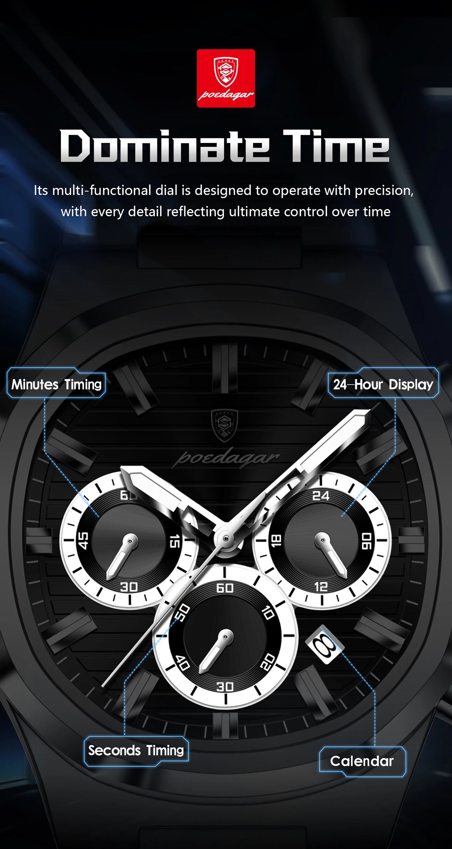 Square Chronograph Watch – Large Numberless Dial with Hidden Clasp Bracelet