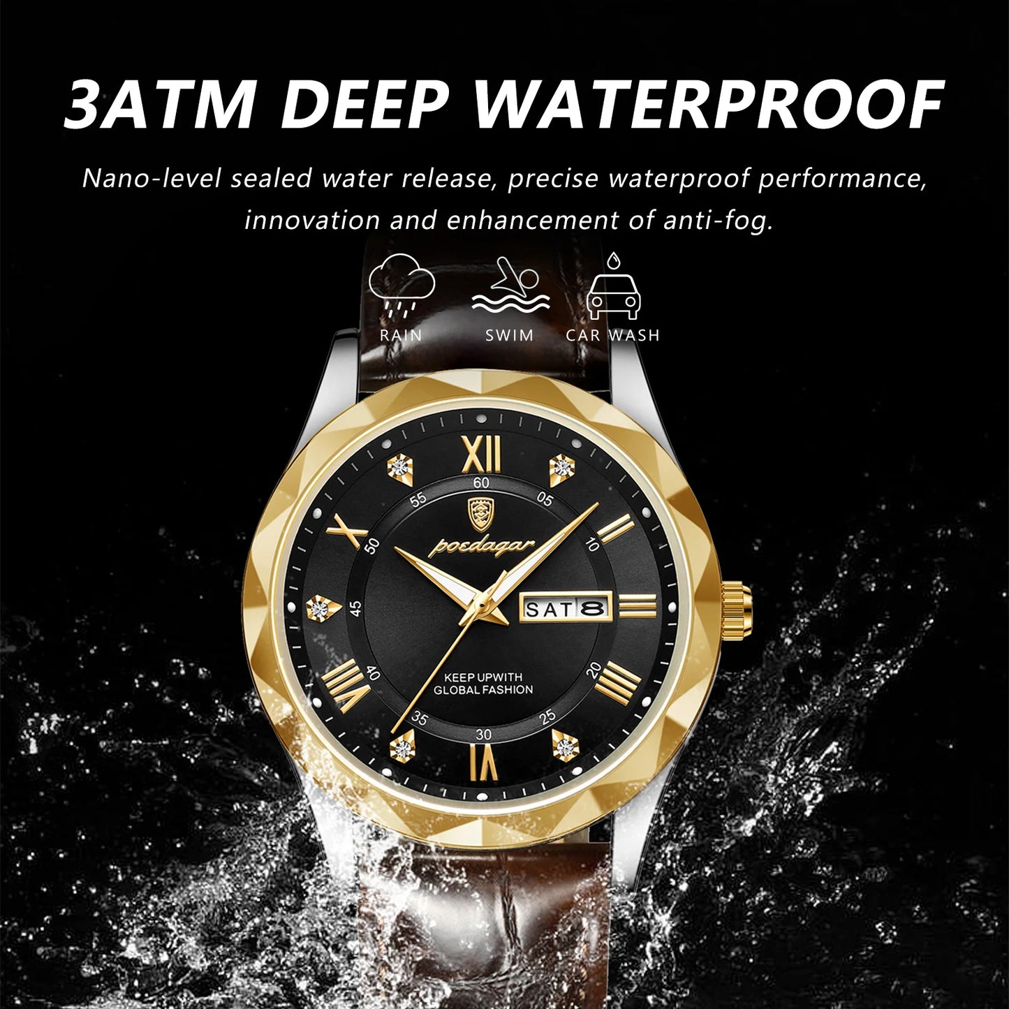 Roman Numeral Full Calendar Watch – Leather Strap with Date, Week & Luminous Dial