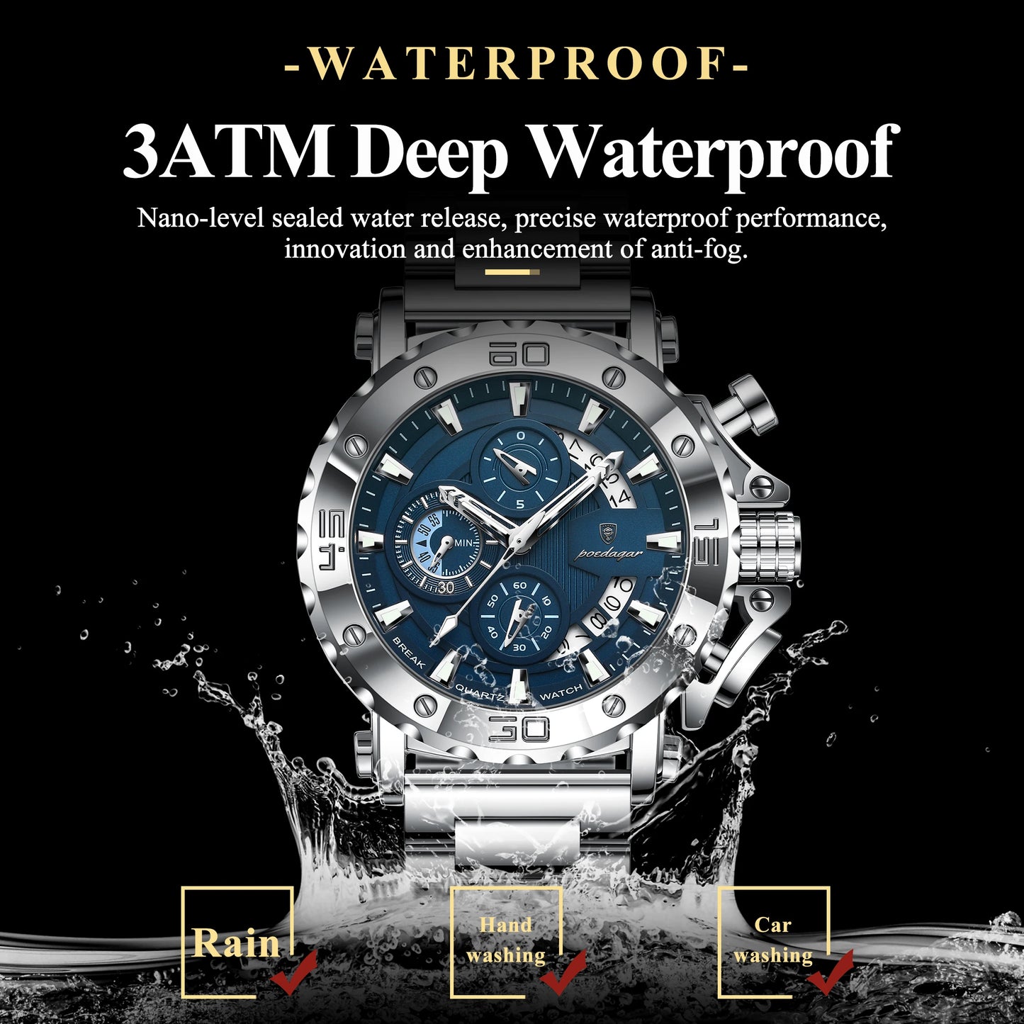 Large Chronograph Watch – Luminous Numberless Dial with Hidden Clasp