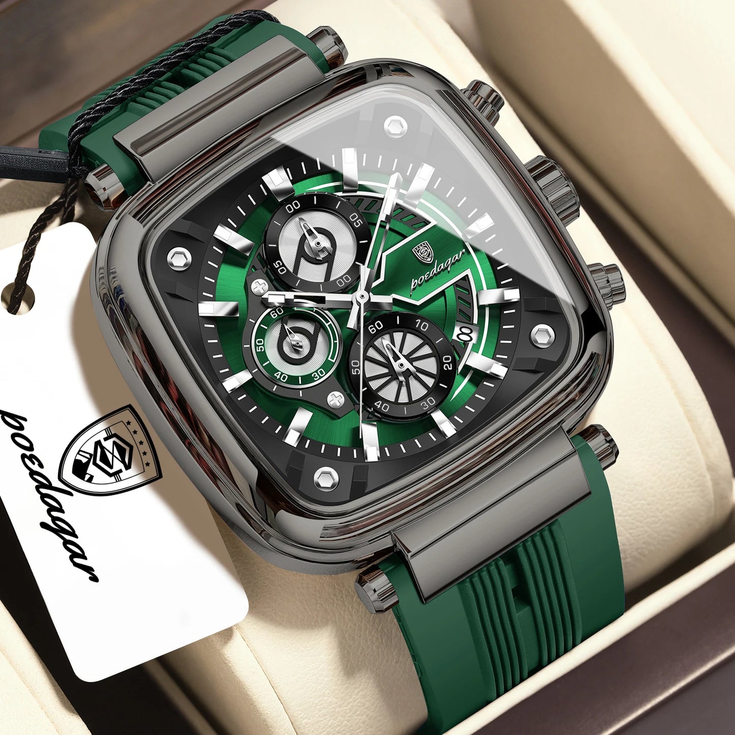 Square Chronograph Sport Watch – Luminous Dial with Silicone Strap & Date