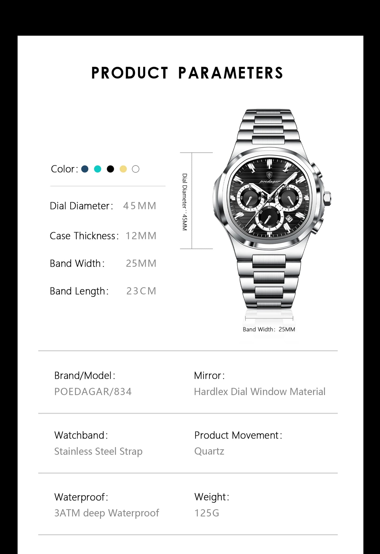 Square Chronograph Watch – Large Numberless Dial with Hidden Clasp Bracelet