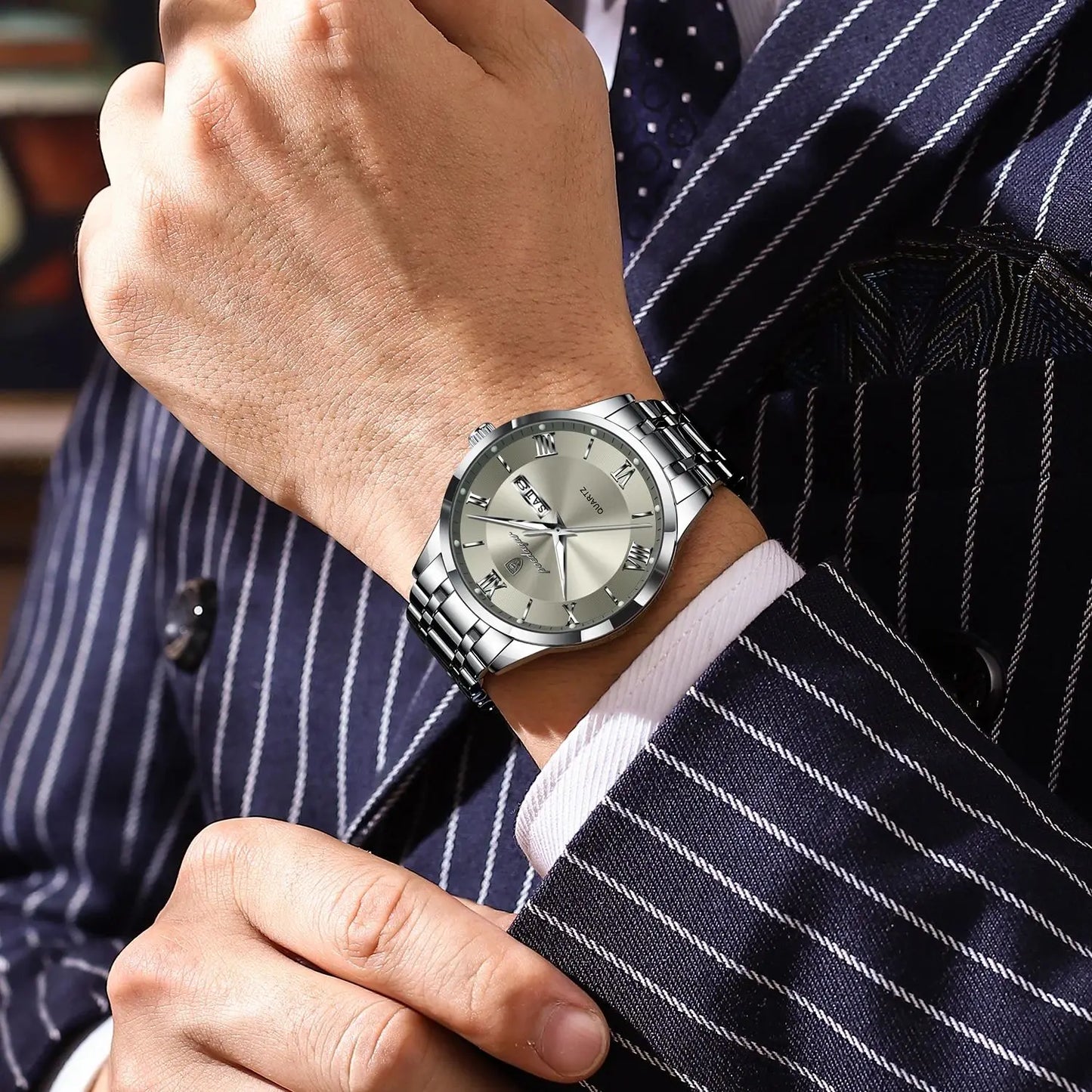 Roman Numeral Full Calendar Watch – Luminous Dial with Hidden Clasp Bracelet