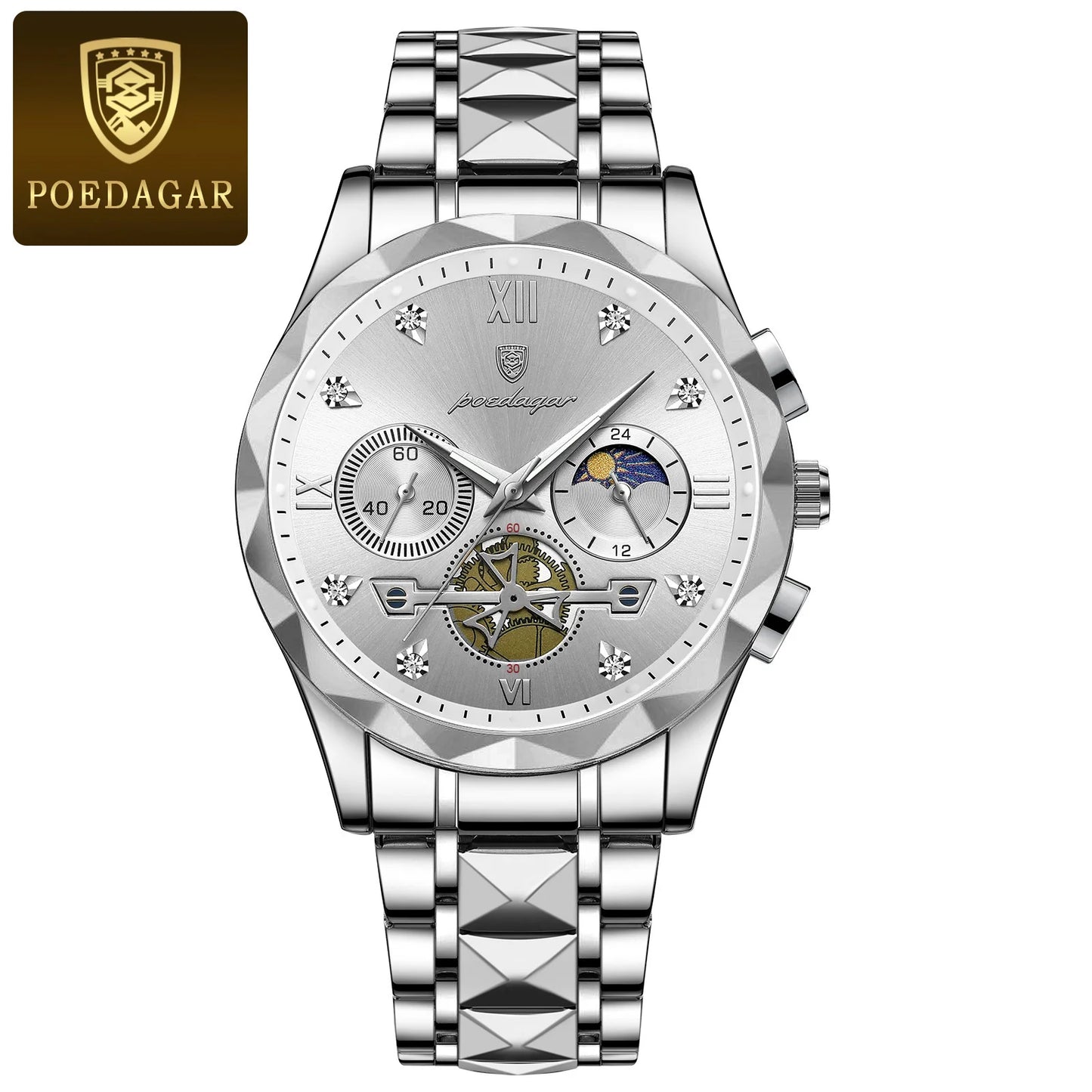 Round Chronograph Watch – Roman Numeral Dial with Hidden Clasp Bracelet