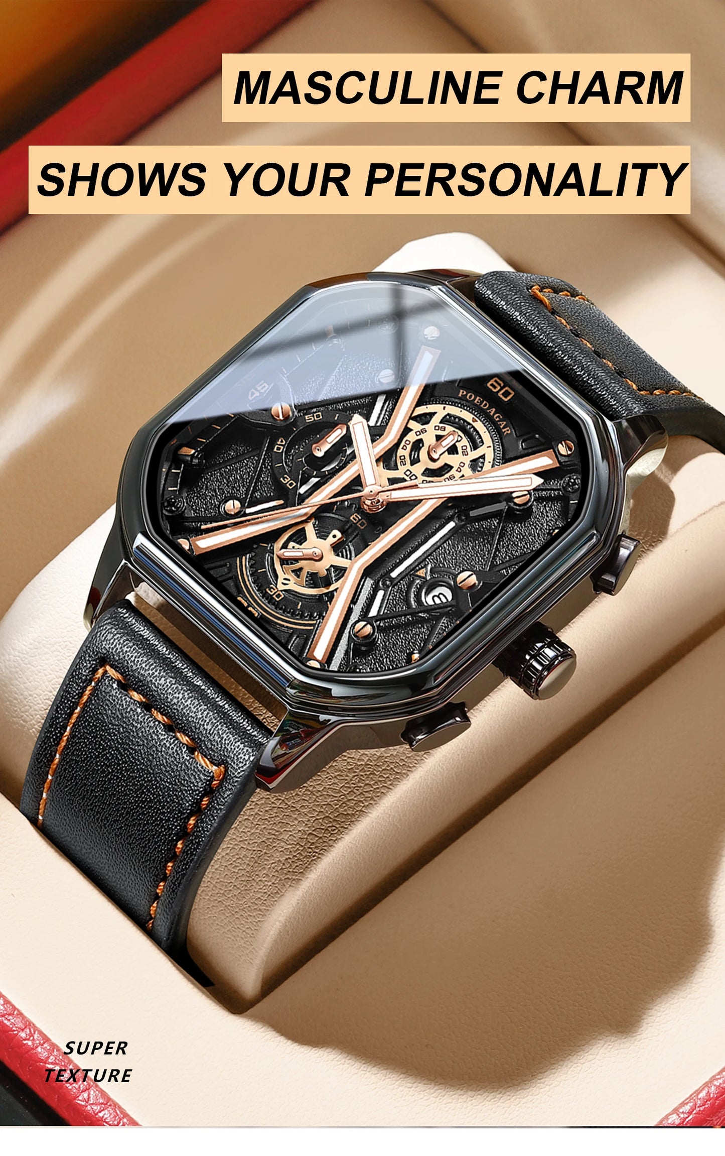 Square Chronograph Watch – Full Calendar with Leather Strap & Luminous Dial