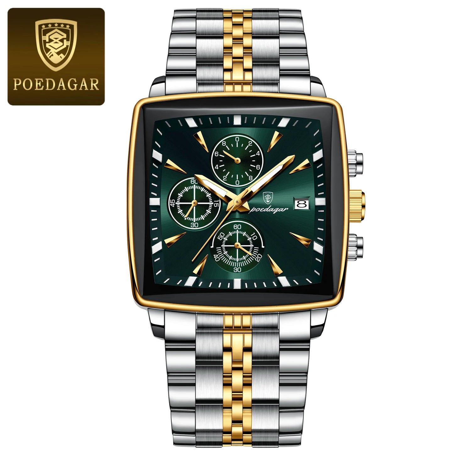 Square Chronograph Watch – Luminous Numberless Dial with Hidden Clasp Bracelet