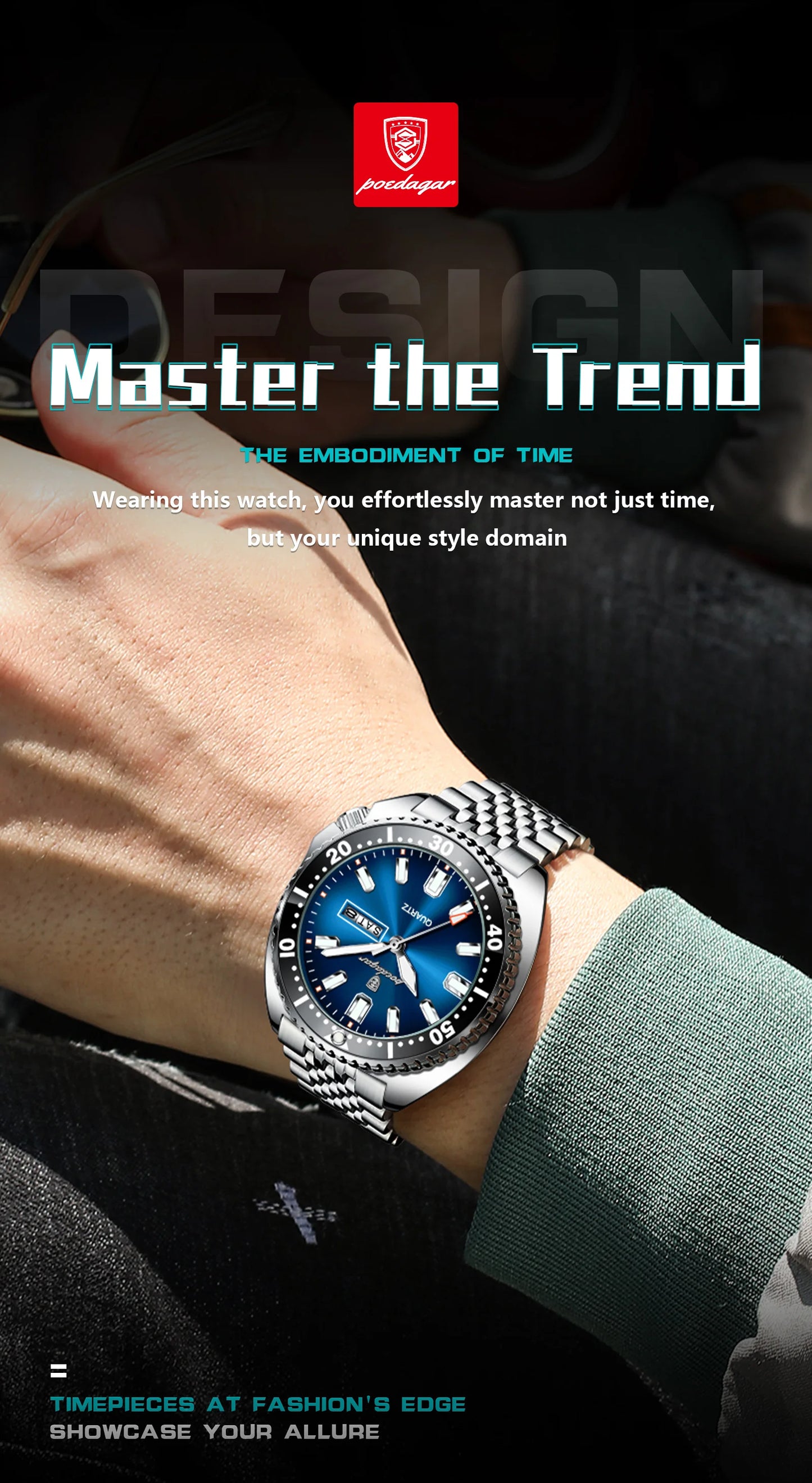 Large Full Calendar Watch – Luminous Numberless Dial with Hidden Clasp Bracelet