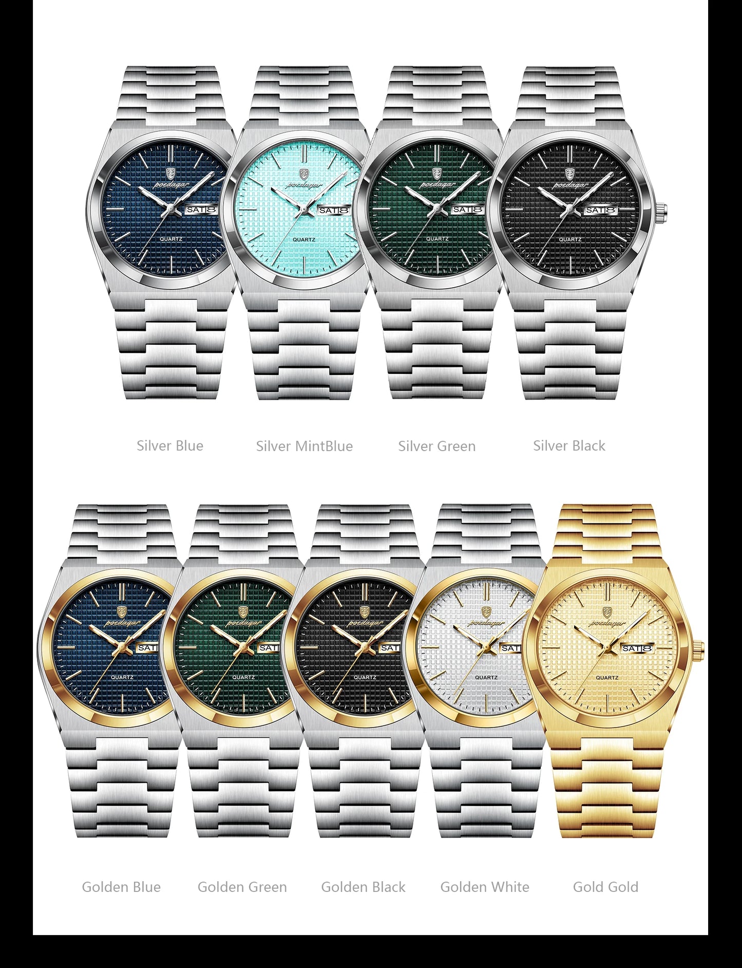 Full Calendar Stainless Steel Watch – Luminous Dial with Date, Week & Hidden Clasp