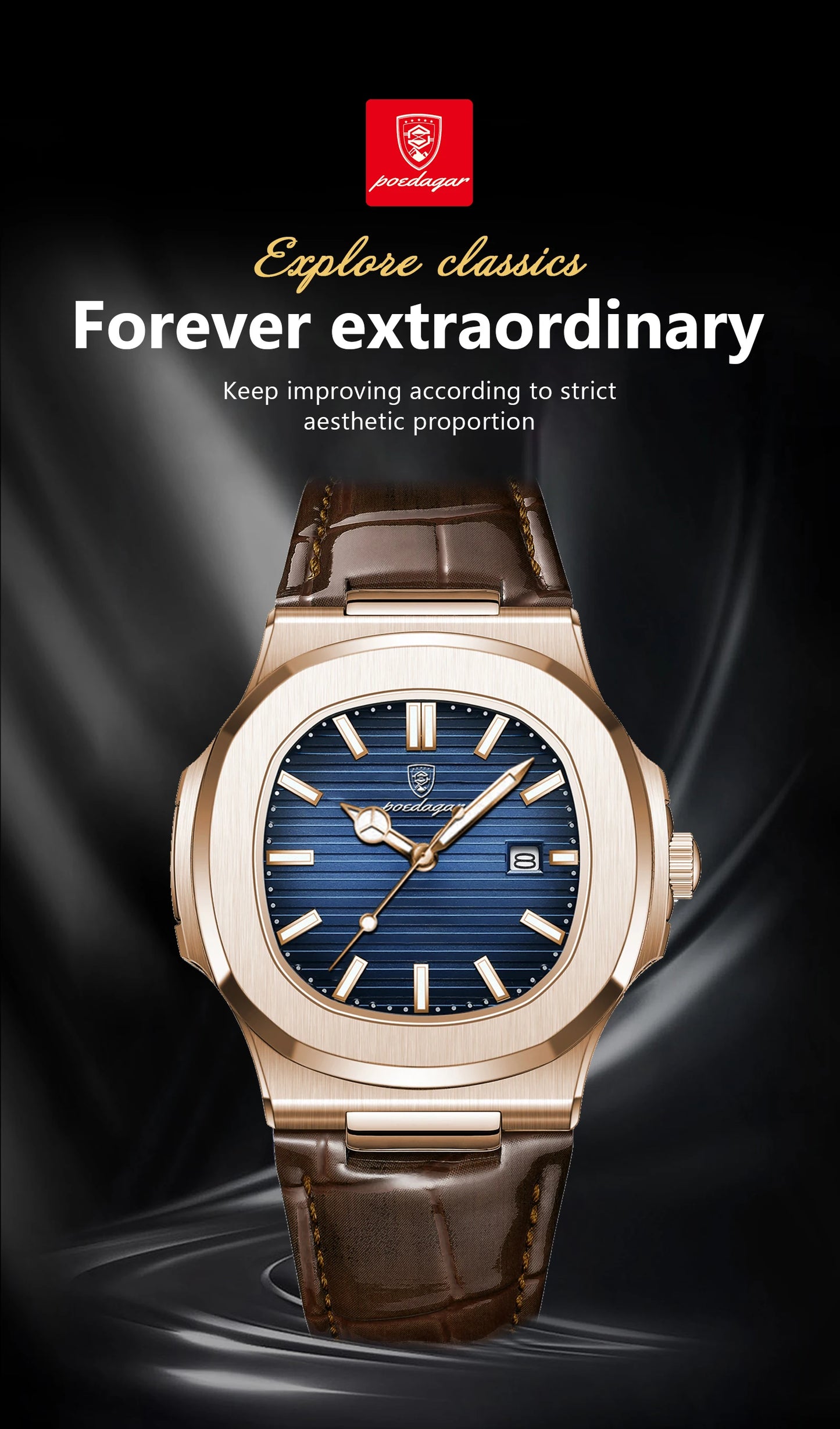 Square Leather Watch – Luminous Dial with Date & Classic Buckle