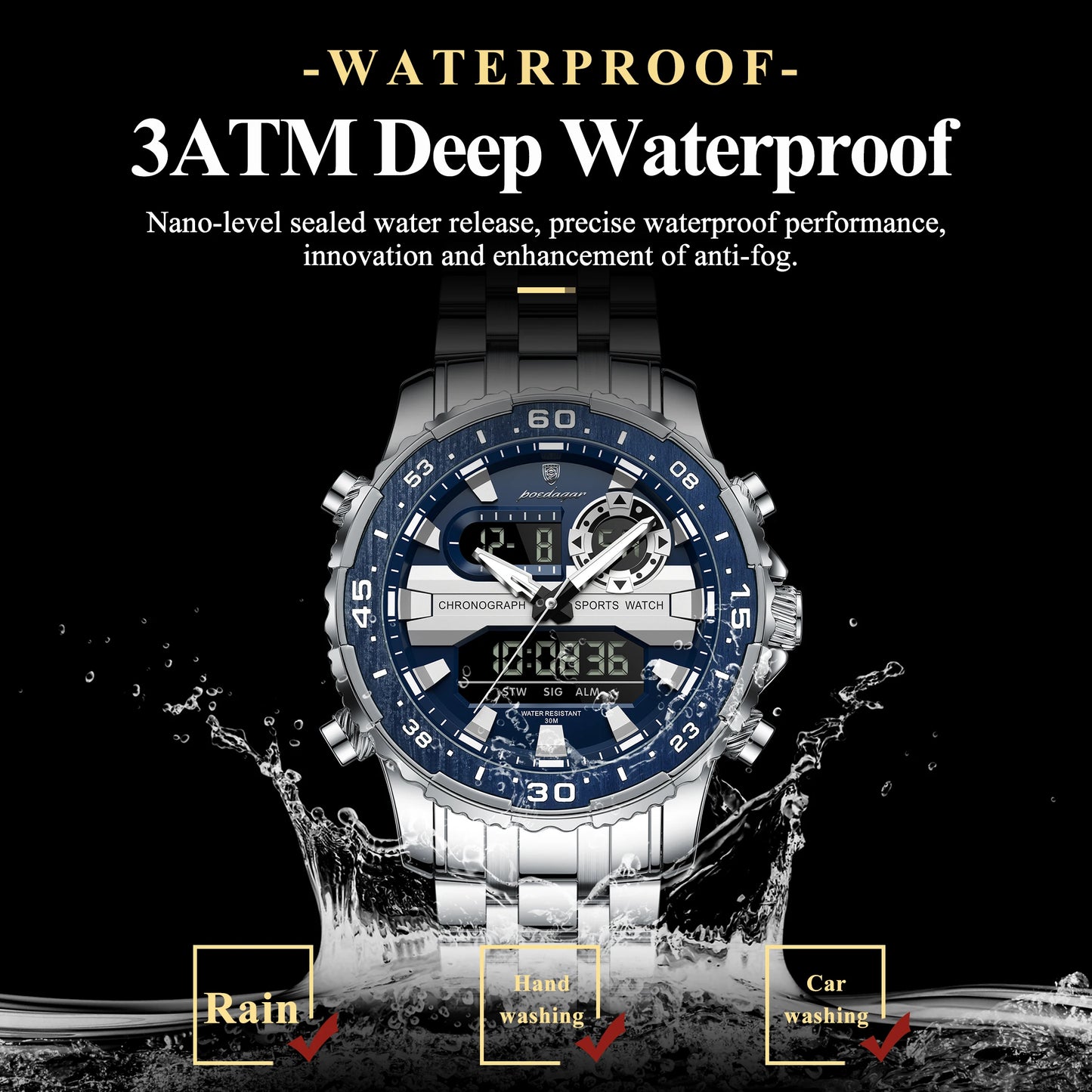 Square Chronograph Watch – Large Numberless Dial with Hidden Clasp Bracelet