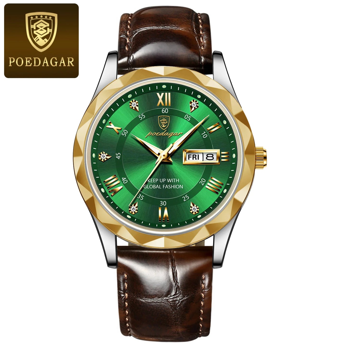 Roman Numeral Full Calendar Watch – Leather Strap with Date, Week & Luminous Dial