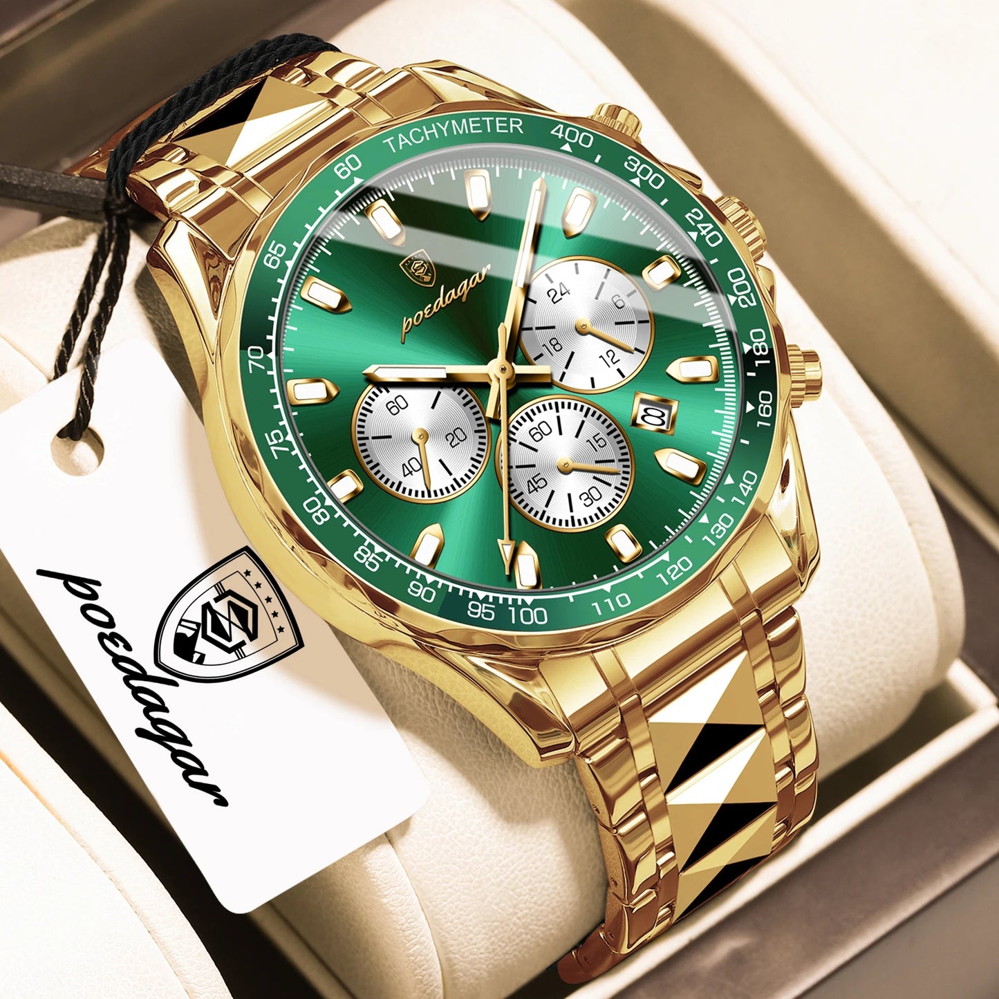 Chronograph Date Watch – Luminous Dial with Hidden Clasp Bracelet