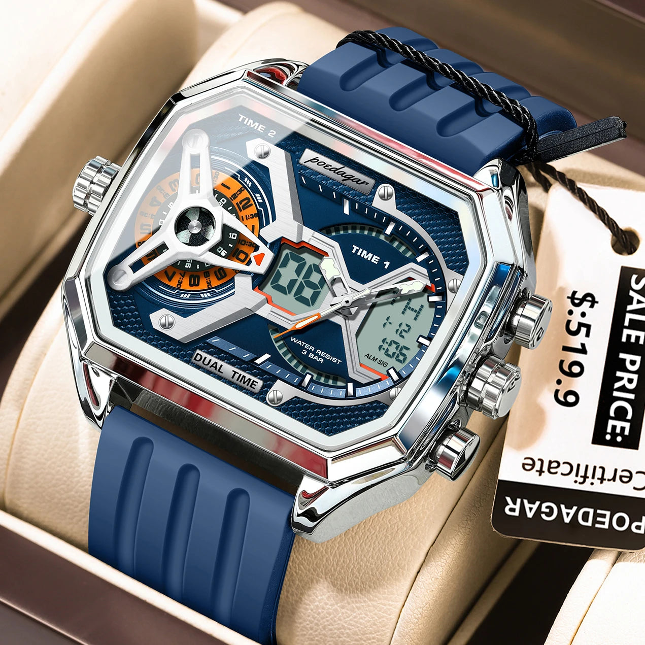 LED Analog-Digital Chronograph Watch – Dual Time & Alarm with Silicone Strap