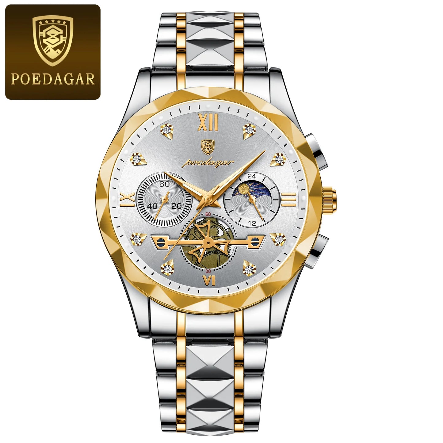 Round Chronograph Watch – Roman Numeral Dial with Hidden Clasp Bracelet