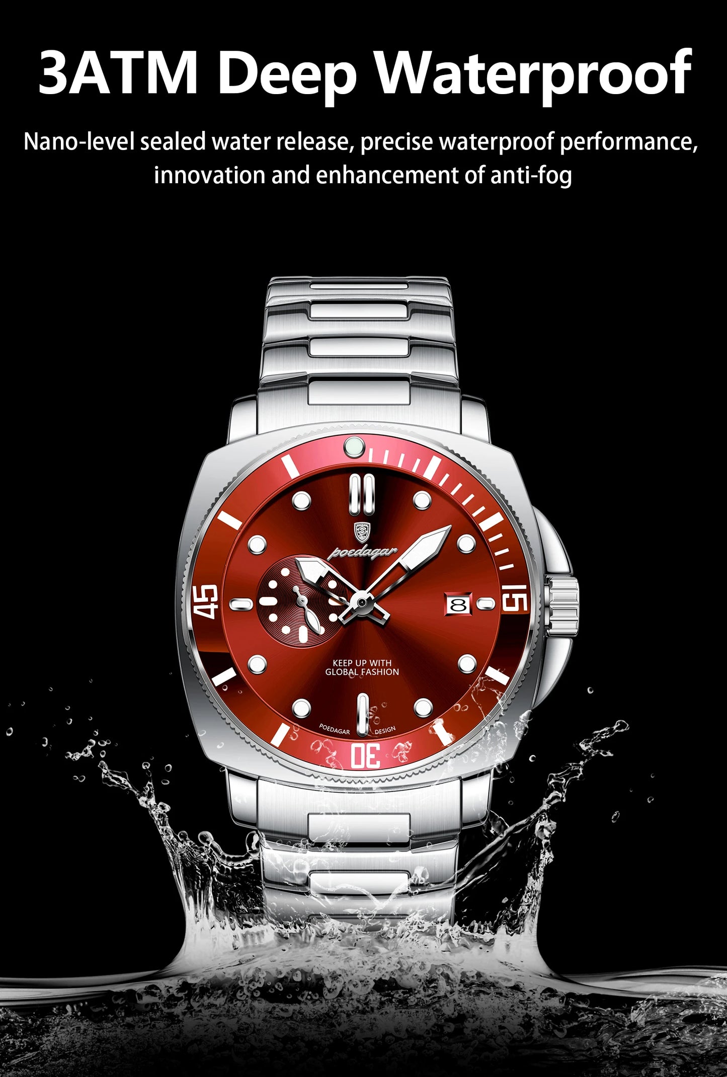 Business Date Watch – Luminous Numberless Dial with Hidden Clasp Bracelet