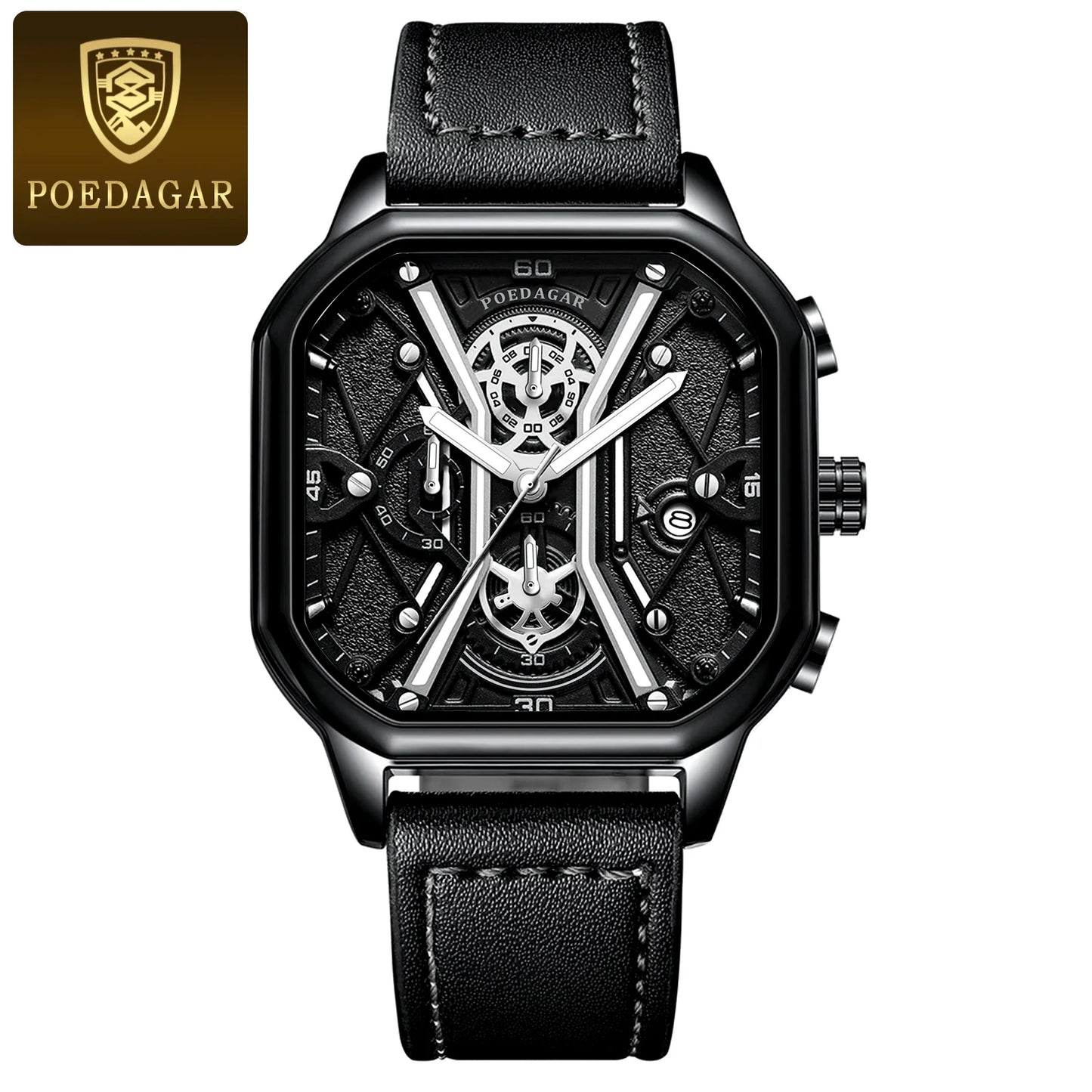 Square Chronograph Watch – Full Calendar with Leather Strap & Luminous Dial