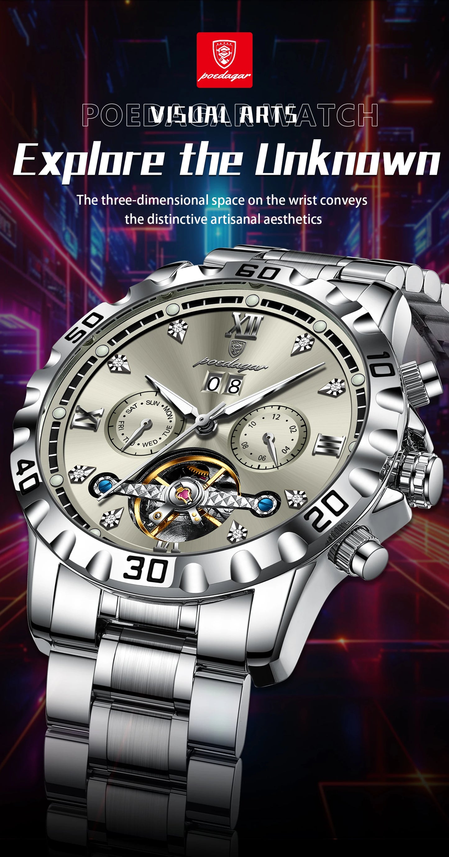 Automatic Tourbillon Style Watch – Sapphire Crystal with Week Display & Hidden Clasp