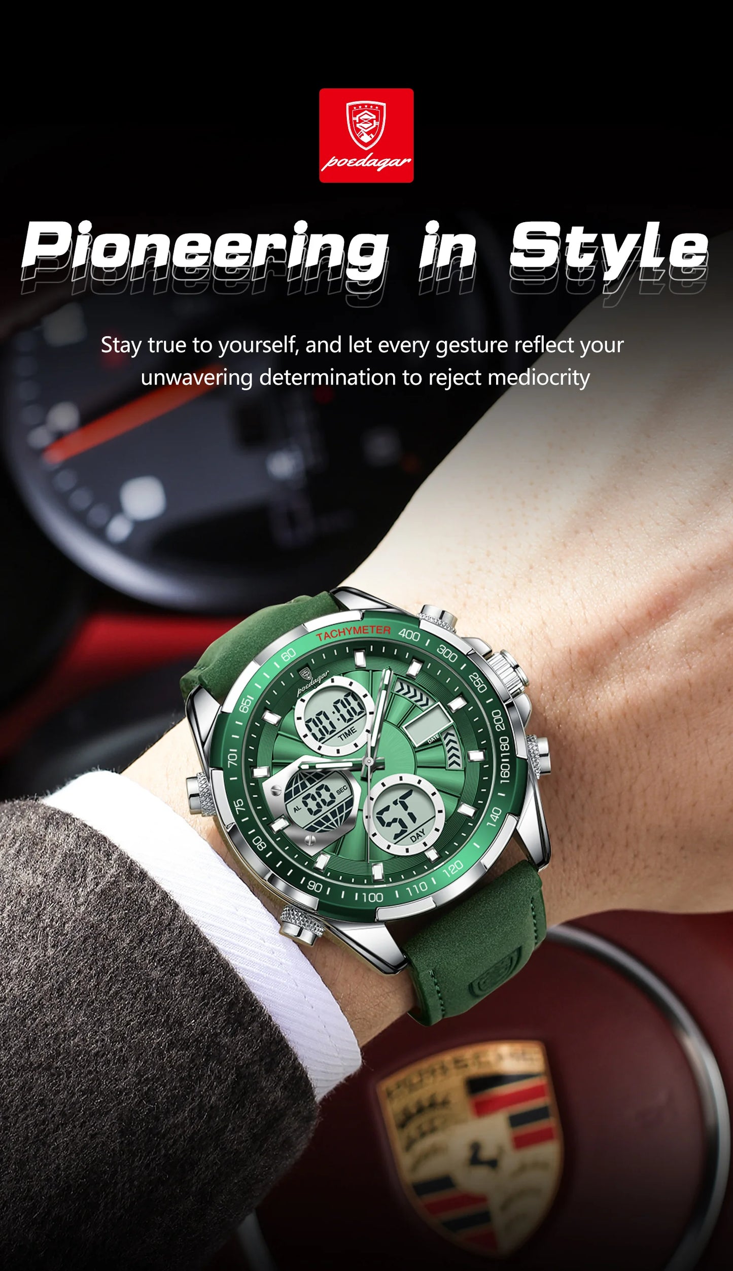 LED Analog-Digital Chronograph Watch – Dual Time & Alarm with Leather Strap