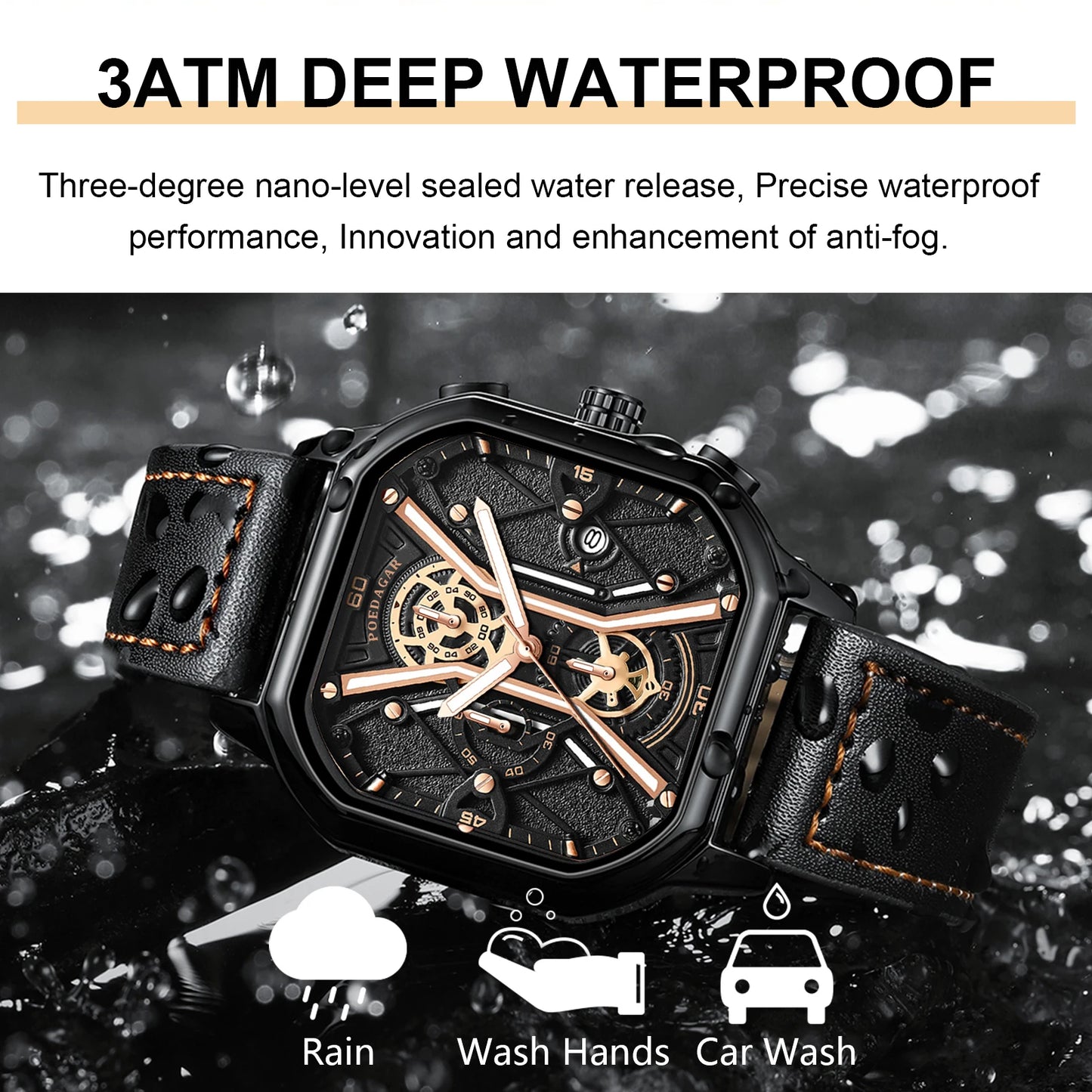Square Chronograph Watch – Full Calendar with Leather Strap & Luminous Dial