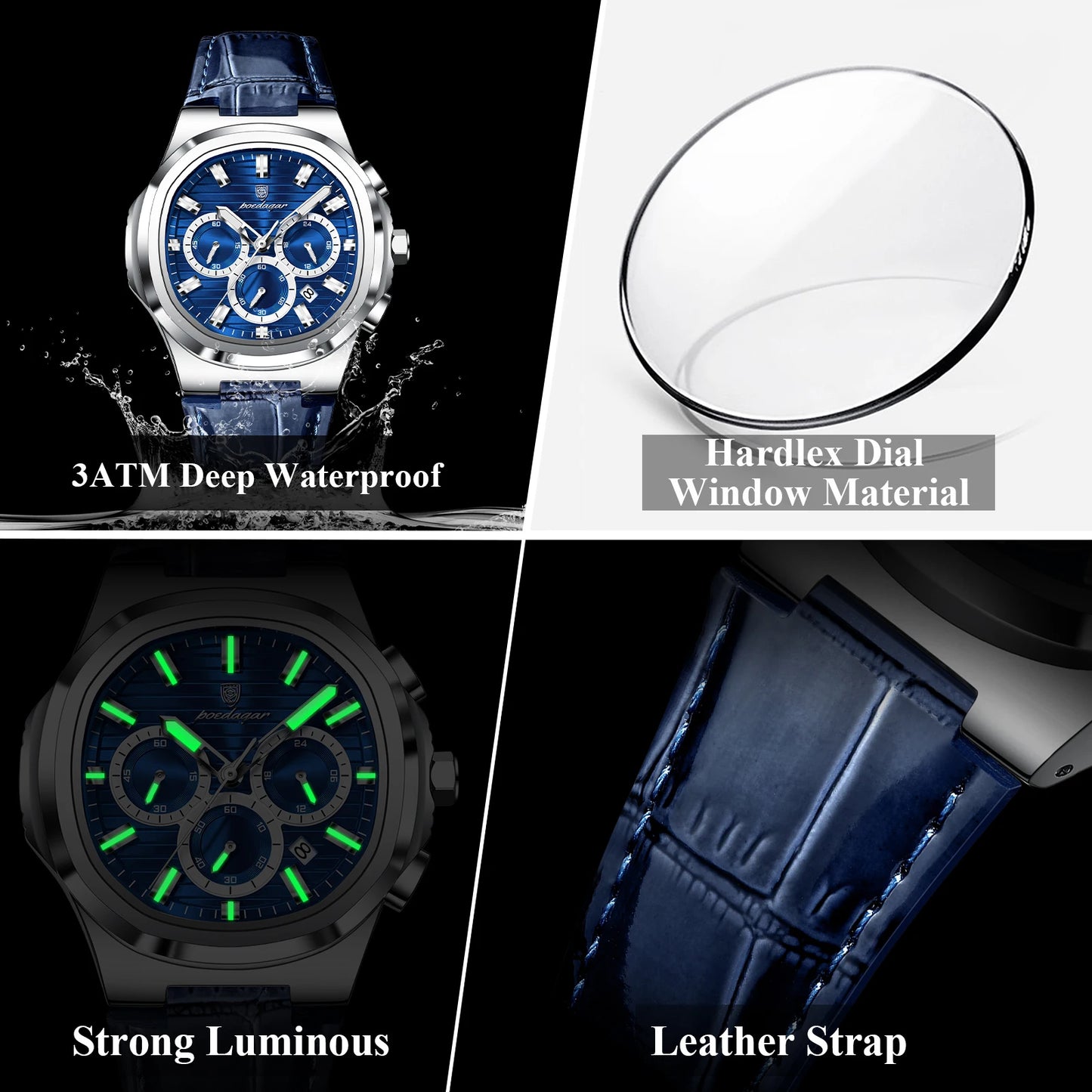 Square Chronograph Watch – Luxe Leather Strap with Luminous Dial & Date