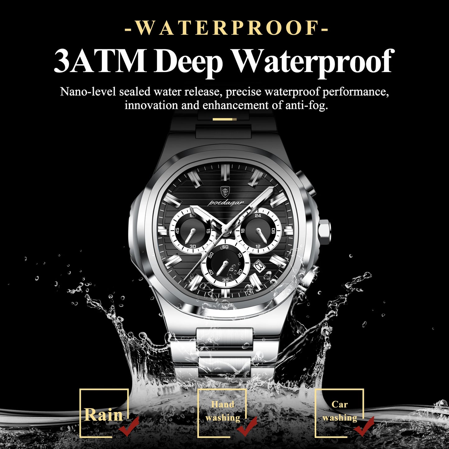 Square Chronograph Watch – Large Numberless Dial with Hidden Clasp Bracelet