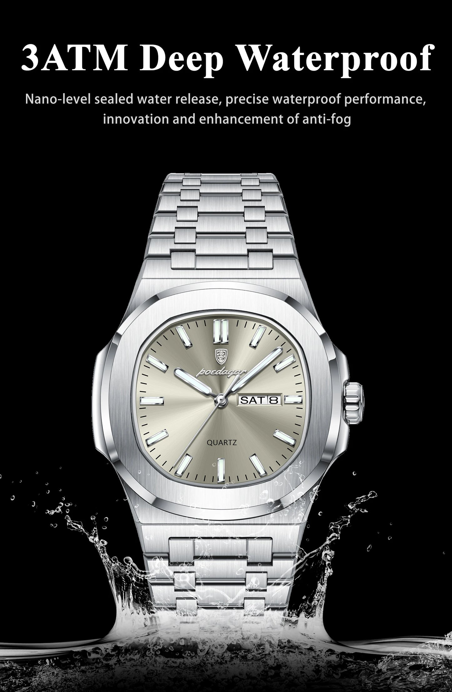 Square Full Calendar Watch – Date & Week Display with Hidden Clasp Bracelet