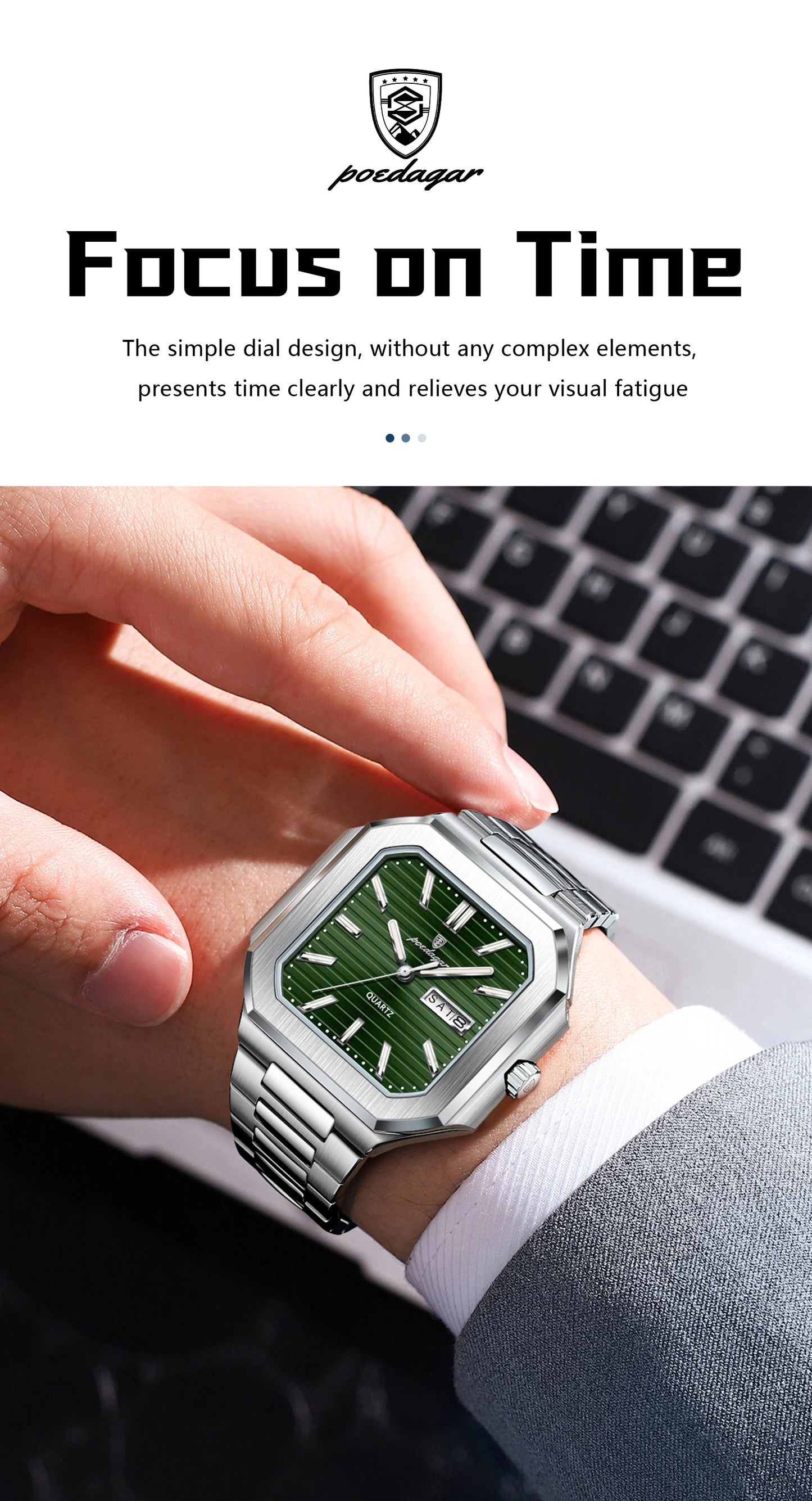 Square Stainless Steel Watch – Luminous Numberless Dial with Hidden Clasp