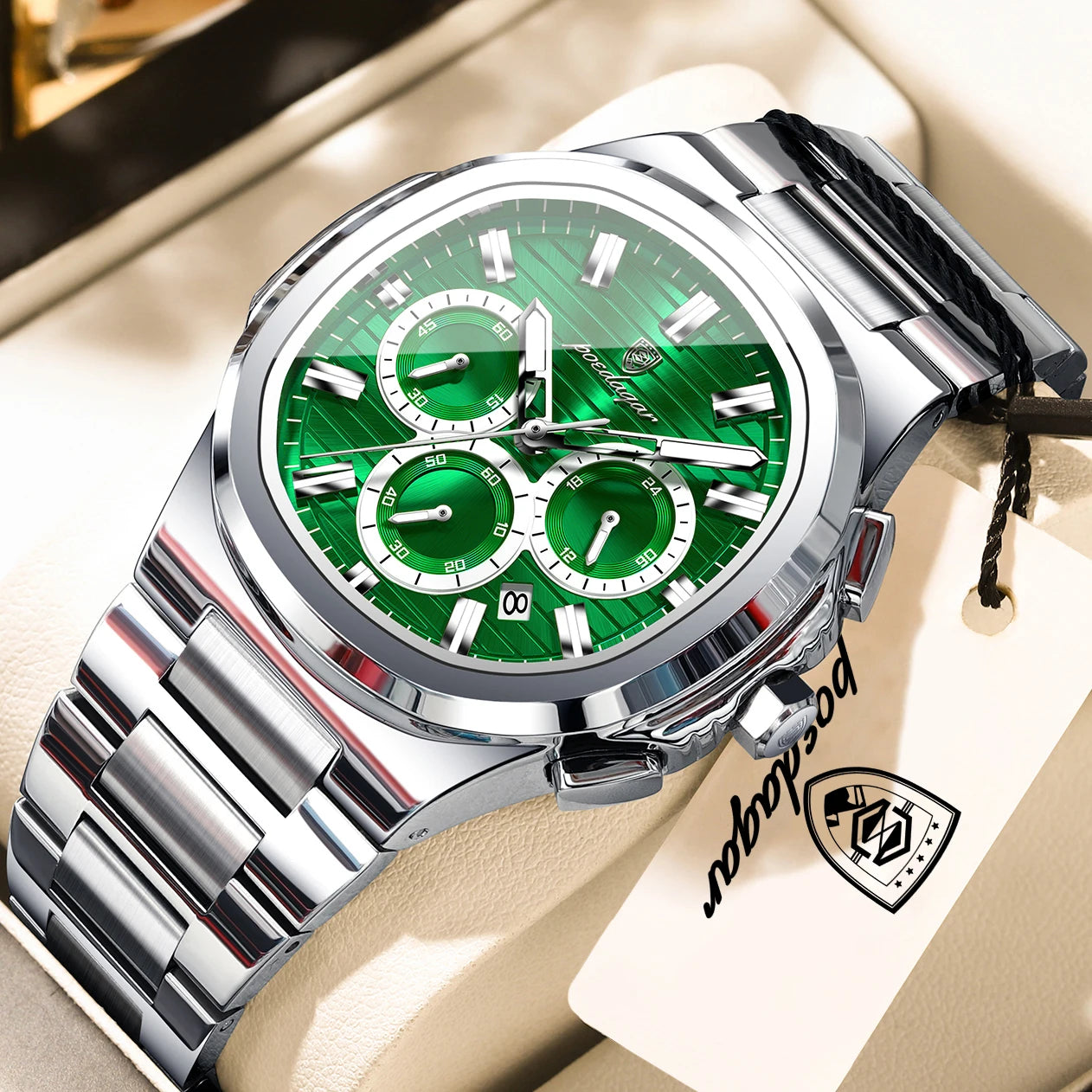Square Chronograph Watch – Large Numberless Dial with Hidden Clasp Bracelet